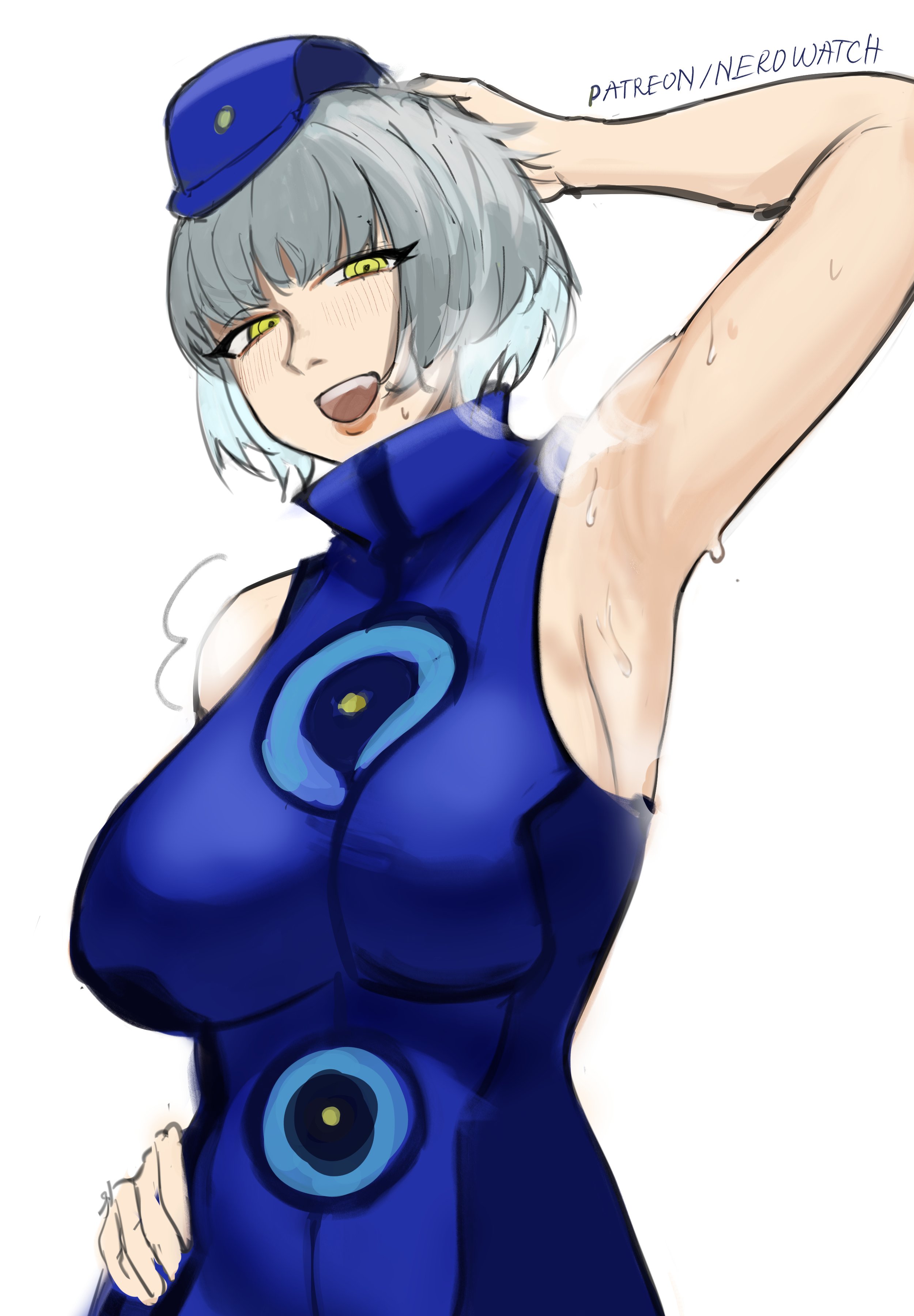 1girls, arm up, armpits, big breasts, blue dress, breasts, elizabeth (persona), female, female only, hat, large breasts, nero watch, open mouth, persona, persona 3, short hair, smile, solo, sweat, white background, white hair, yellow eyes