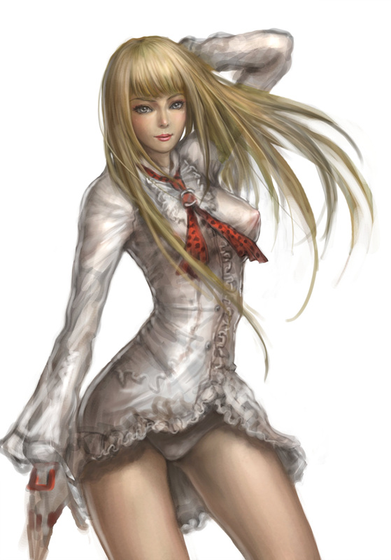 blonde_hair breasts emilie_de_rochefort erect_nipples female female_only fingerless_gloves frills gloves grey_eyes human long_hair minidress namco neongun nipples panties pantyshot puffy_nipples see-through solo tekken underwear