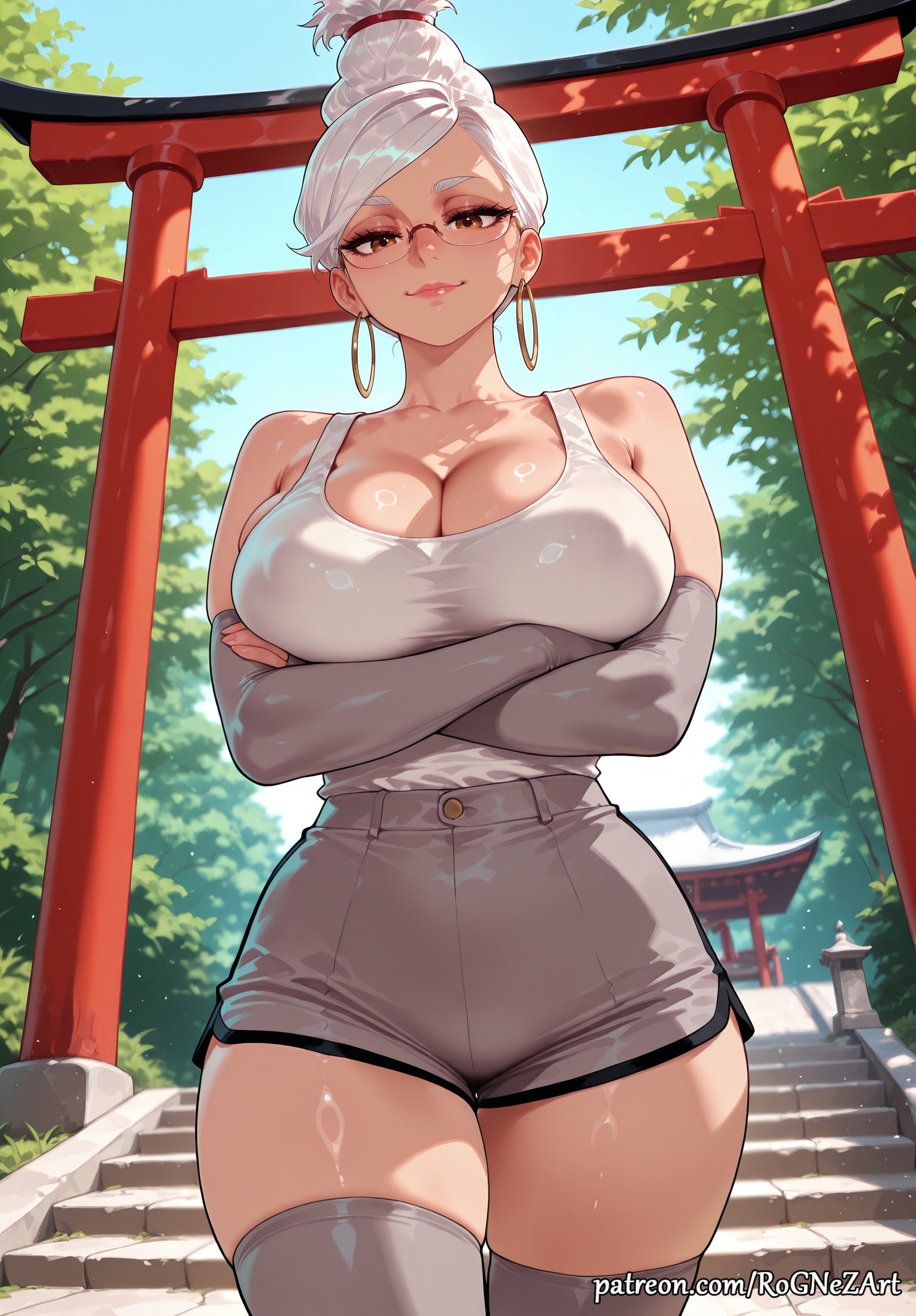 1girl, 2026, ai generated, anime, arms under breasts, ayase seiko, bare shoulders, boobs, breasts, brown eyes, cleavage, crossed arms, crossover, curvy, dandadan, day, earrings, elbow gloves, eye contact, female, female focus, glasses, gloves, grey gloves, hair bun, handwear, highres, hoop earrings, huge breasts, jewelry, large breasts, lips, looking at viewer, mature female, nsfw, outdoors, patreon, rognezart, short hair, short shorts, shorts, single hair bun, smile, smiling, solo, stairs, tank top, thick thighs, thighhighs, thighs, torii, white hair, white tank top, white thighhighs