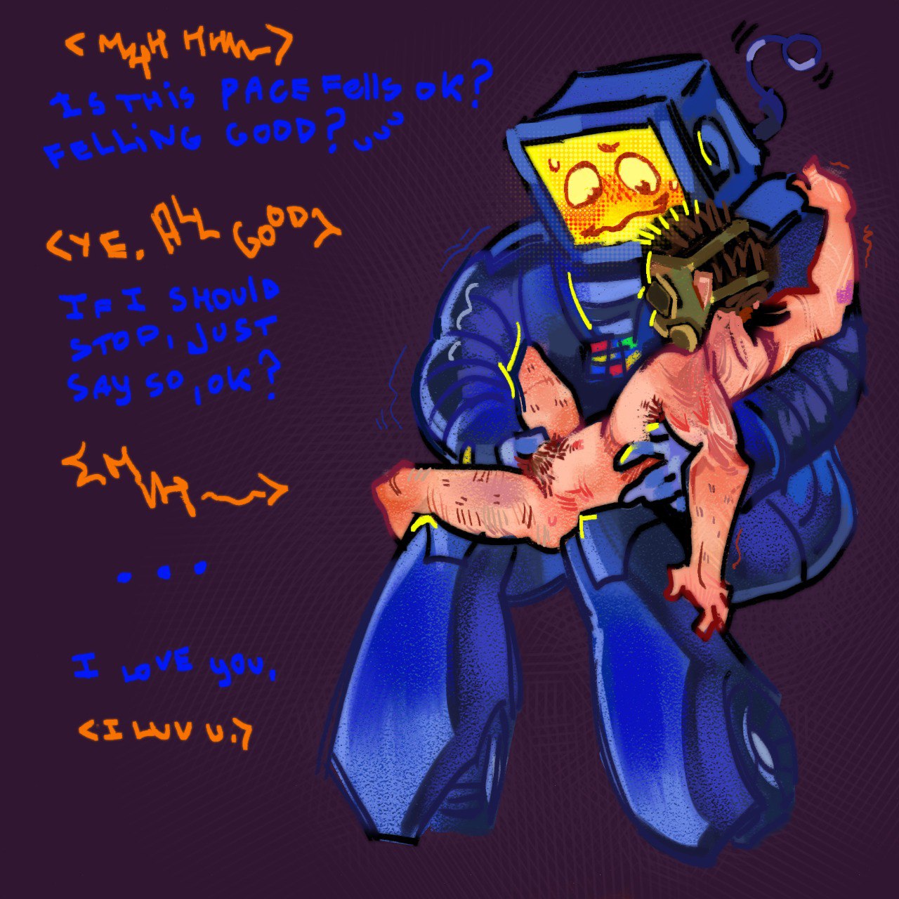 artazh, courier (fallout), dominant bottom, embarrassed, fallout, fallout new vegas, fingering, gas mask, gay, gentle, gentle domination, handjob, huge, mask, masked, objectum, oc, ocxcanon, respectful, robot, robot humanoid, self insert, size difference, trans man, transmasc, yes man (fallout)