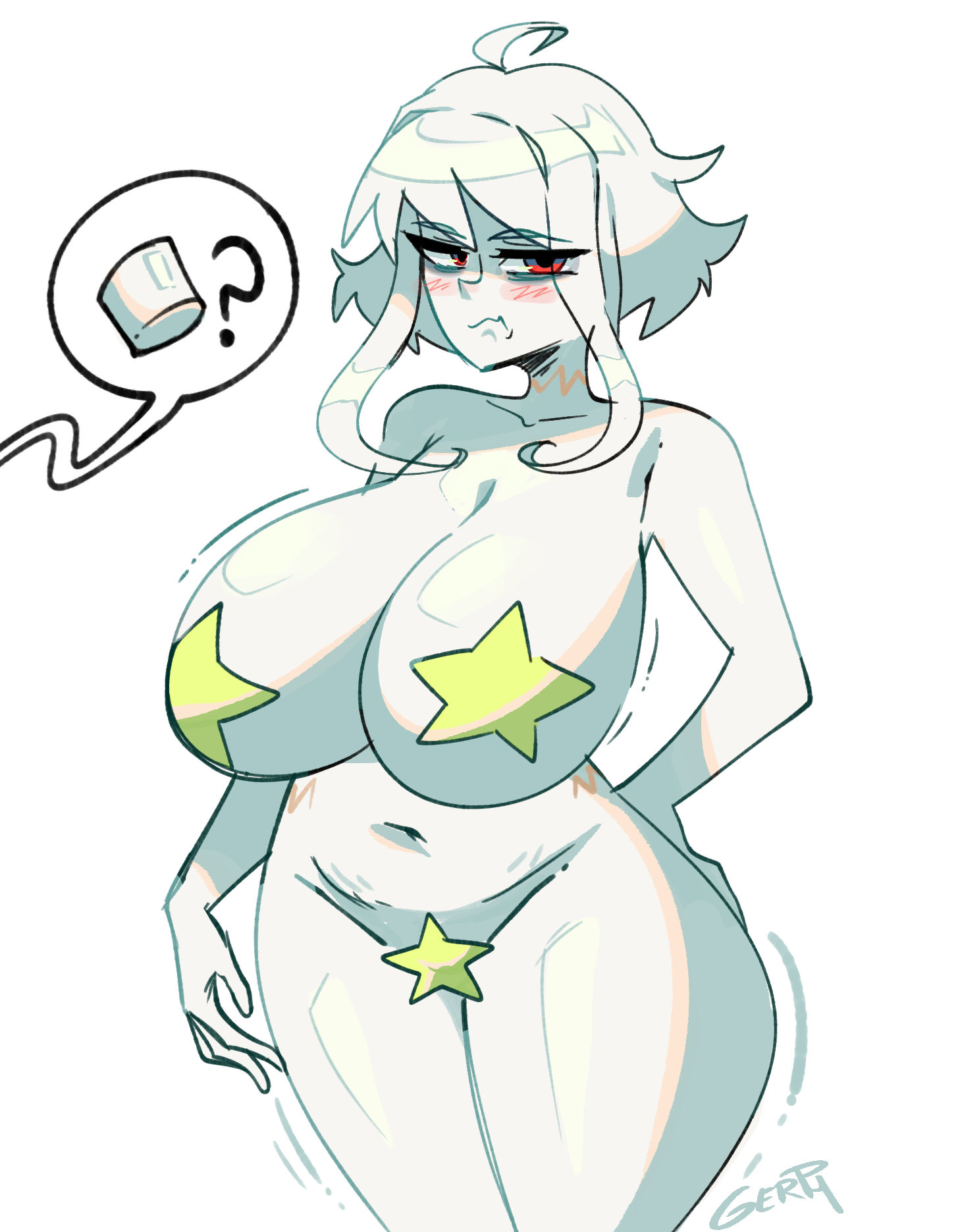 albina (tidal), albino, angry face, child bearing hips, covered nipples, curvy figure, female only, gerph, massive breasts, oc, pasties, red eyes, semi nude, short hair, star pasties, tidal (artist), white girl, white hair