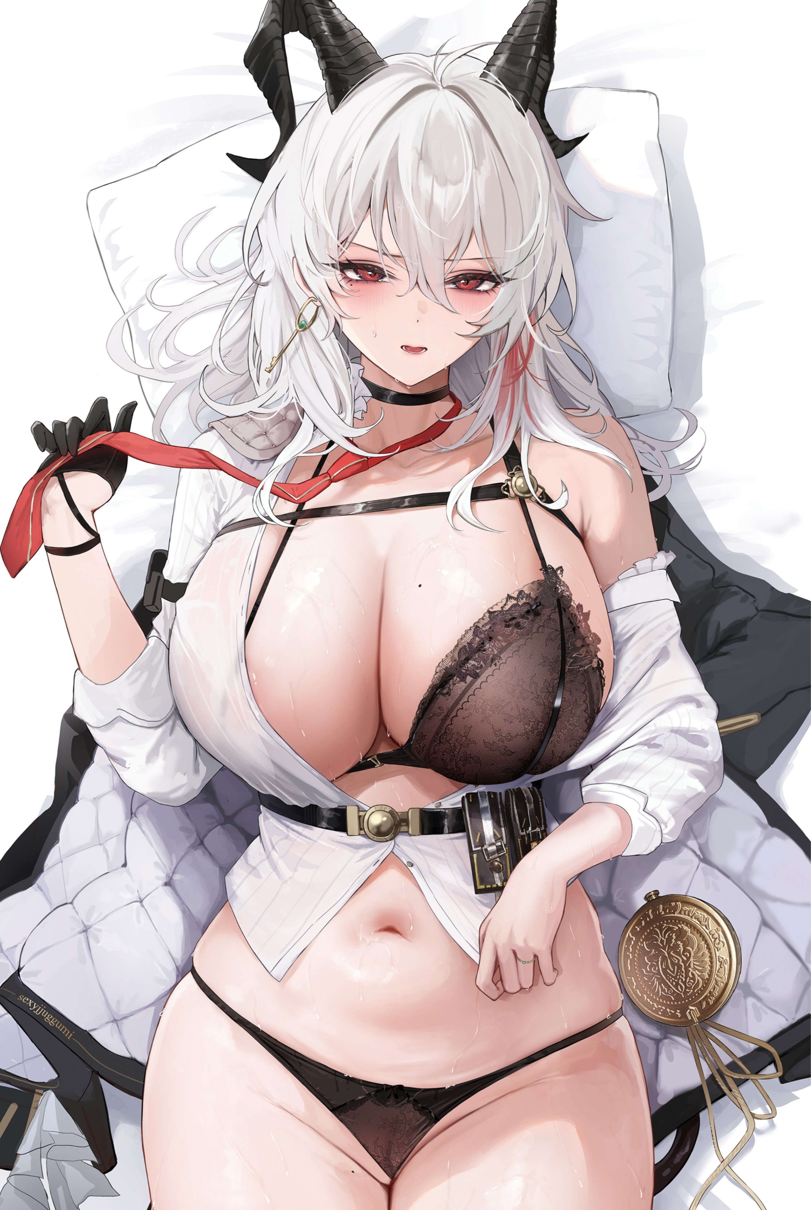 1girl, absurdres, alternate breast size (larger), black bra, black choker, black gloves, black horns, black jacket, black panties, bra, breasts, choker, commentary, curled horns, dakimakura (medium), earrings, english commentary, gloves, hair between eyes, half gloves, head on pillow, highres, horns, huge breasts, jacket, jewelry, key earrings, long hair, looking at viewer, multicolored hair, navel, necktie, open mouth, panties, pillow, red eyes, red necktie, shirt, single half glove, solo, stomach, streaked hair, thighs, underwear, white hair, white shirt, wuthering waves, yujin (sexyjjuggumi), zani (wuthering waves)