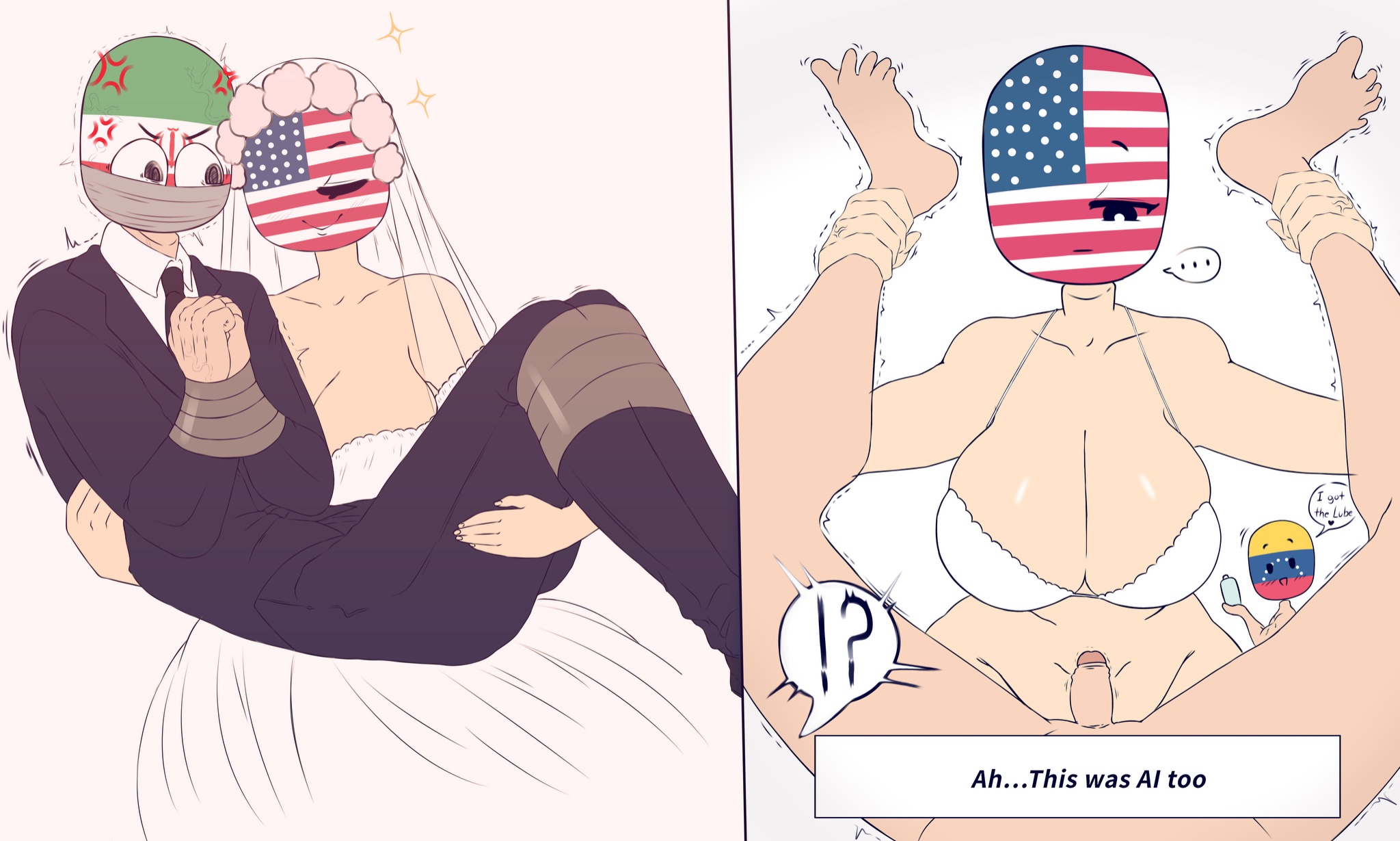 !?, 2026, angry, angry expression, big breasts, black eyes, countryhumans, countryhumans girl, dialogue, dissappointed look, english text, flawsy, forced, forced partners, heart, iran (countryhumans), kidnapped, lube, pale skin, pale-skinned female, pale-skinned male, small penis, tagme, united states of america (countryhumans), venezuela (countryhumans), wedding dress, white background