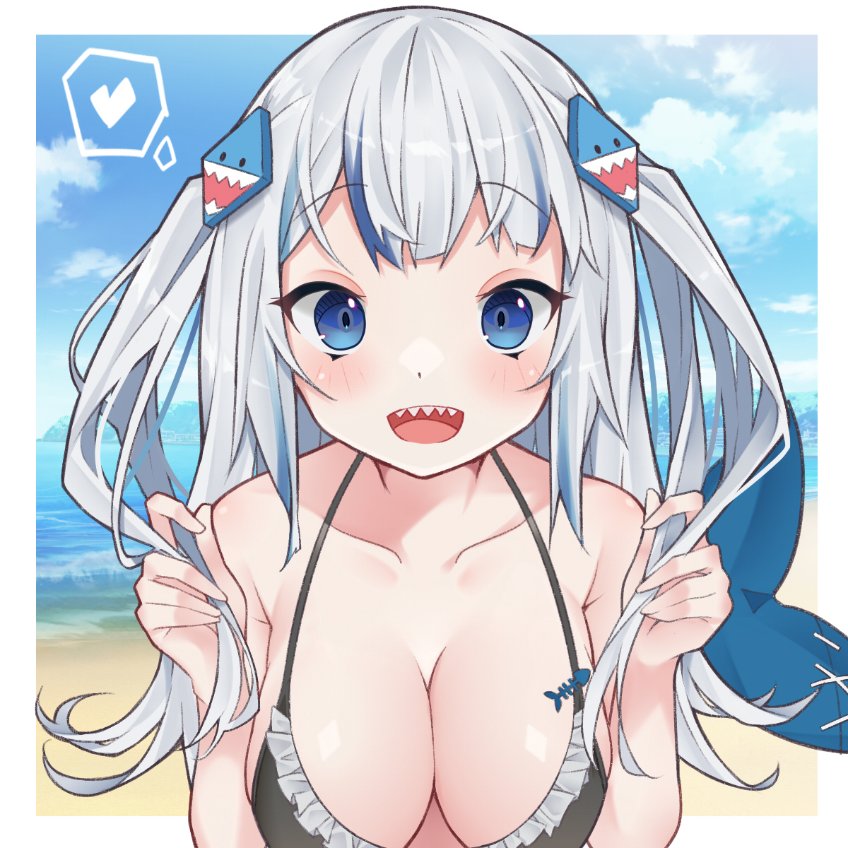 1girls, alternate breast size, beach, bikini, blue eyes, breasts, collarbone, female, frilled bikini, gawr gura, hololive, hololive english, hololive myth, large breasts, ocean, smile, streaked hair, tail, twintails, virtual youtuber, white hair, 艾草