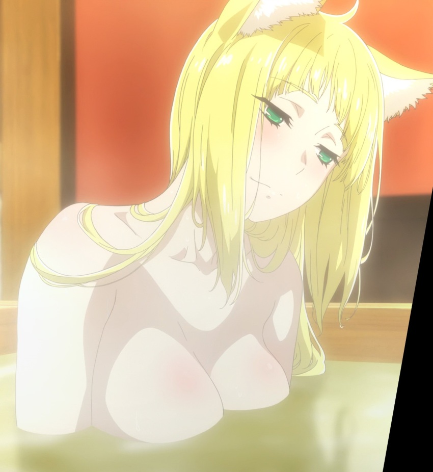 bath, bathing, big breasts, blonde hair, blush, breasts, dungeon ni deai wo motomeru no wa machigatteiru darou ka, female, female only, fox, fox ears, fox girl, green eyes, human, large breasts, long hair, looking to the side, sanjouno haruhime, smile, steam, water