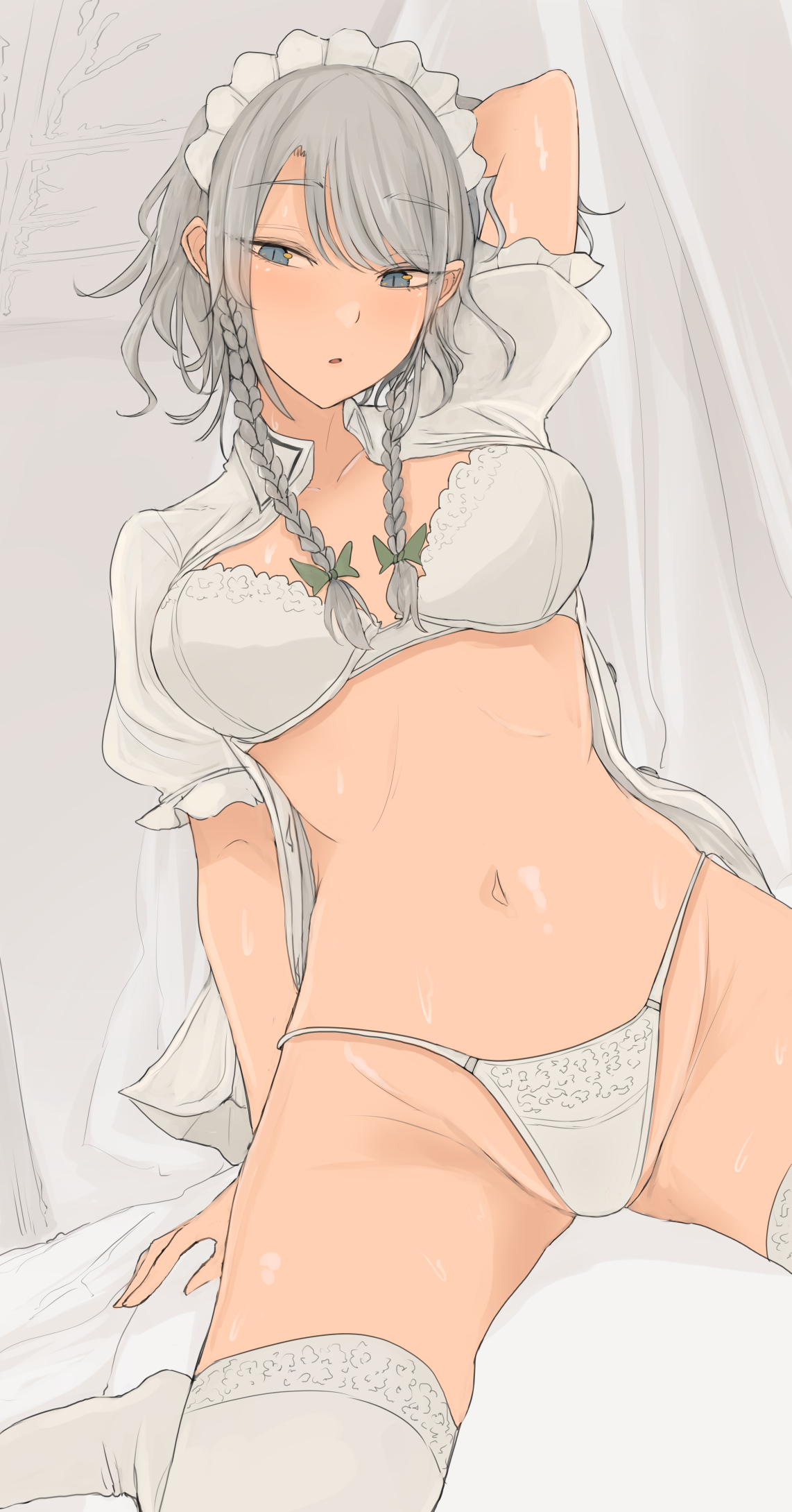 1girls, big breasts, blue eyes, bra, breasts, female, maid, necro (nekurodayo), panties, sakuya izayoi, silver hair, spread legs, tagme, thighhighs, touhou