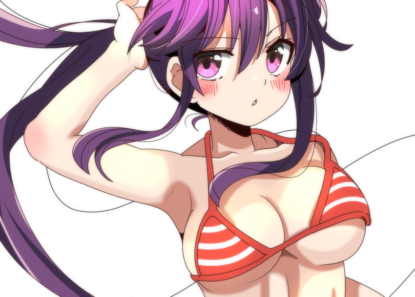 bikini breasts collarbone ebisuzawa_kurumi eyebrows_visible_through_hair female gakkou_gurashi! hair_between_eyes hand_up large_breasts long_hair pink_eyes purple_hair red_bikini simple_background sinakyo solo striped_bikini stripes swimsuit twintails upper_body white_background wind