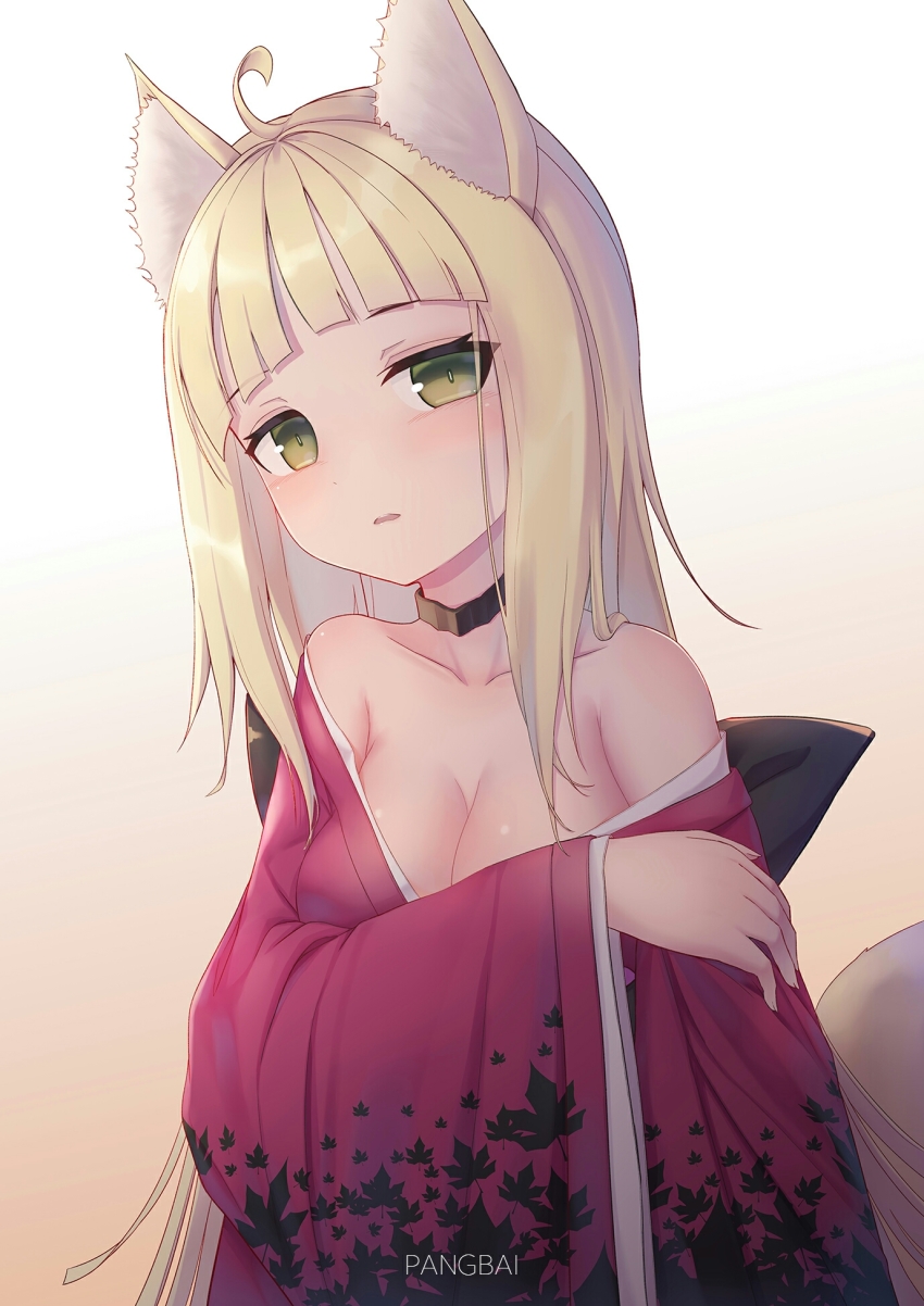 blonde_hair blush breasts clothed clothing dungeon_ni_deai_wo_motomeru_no_wa_machigatteiru_darou_ka embarrassed female female_only fox fox_ears fox_girl green_eyes haruhime human long_hair looking_at_viewer nervous shy undressing