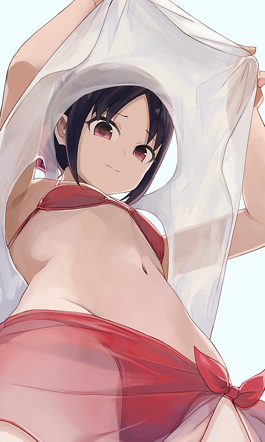 1girls, black hair, breasts, female, female only, flat chest, hiroki yyqw7151, kaguya-sama wa kokurasetai ~tensai-tachi no renai zunousen~, looking at viewer, looking through clothes, red eyes, shinomiya kaguya, short hair, small breasts, solo, swimsuit, tied hair, underboob, viewed from below