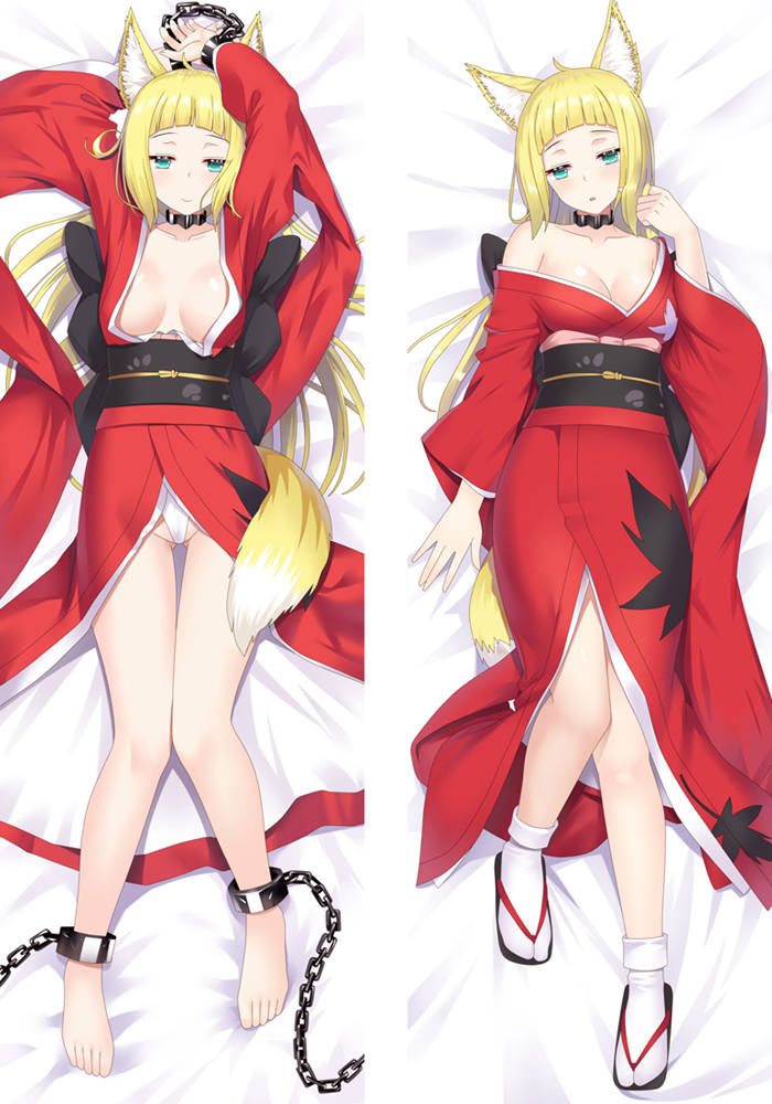 arms up, bed, bed sheet, blonde hair, blush, breasts, chained, chains, clothed, clothing, dungeon ni deai wo motomeru no wa machigatteiru darou ka, feet, female, female only, fox, fox ears, fox girl, fox tail, green eyes, human, long hair, looking at viewer, lying, lying down, open mouth, questionable consent, sanjouno haruhime, smile, smiling, socks, summer, tail, white background