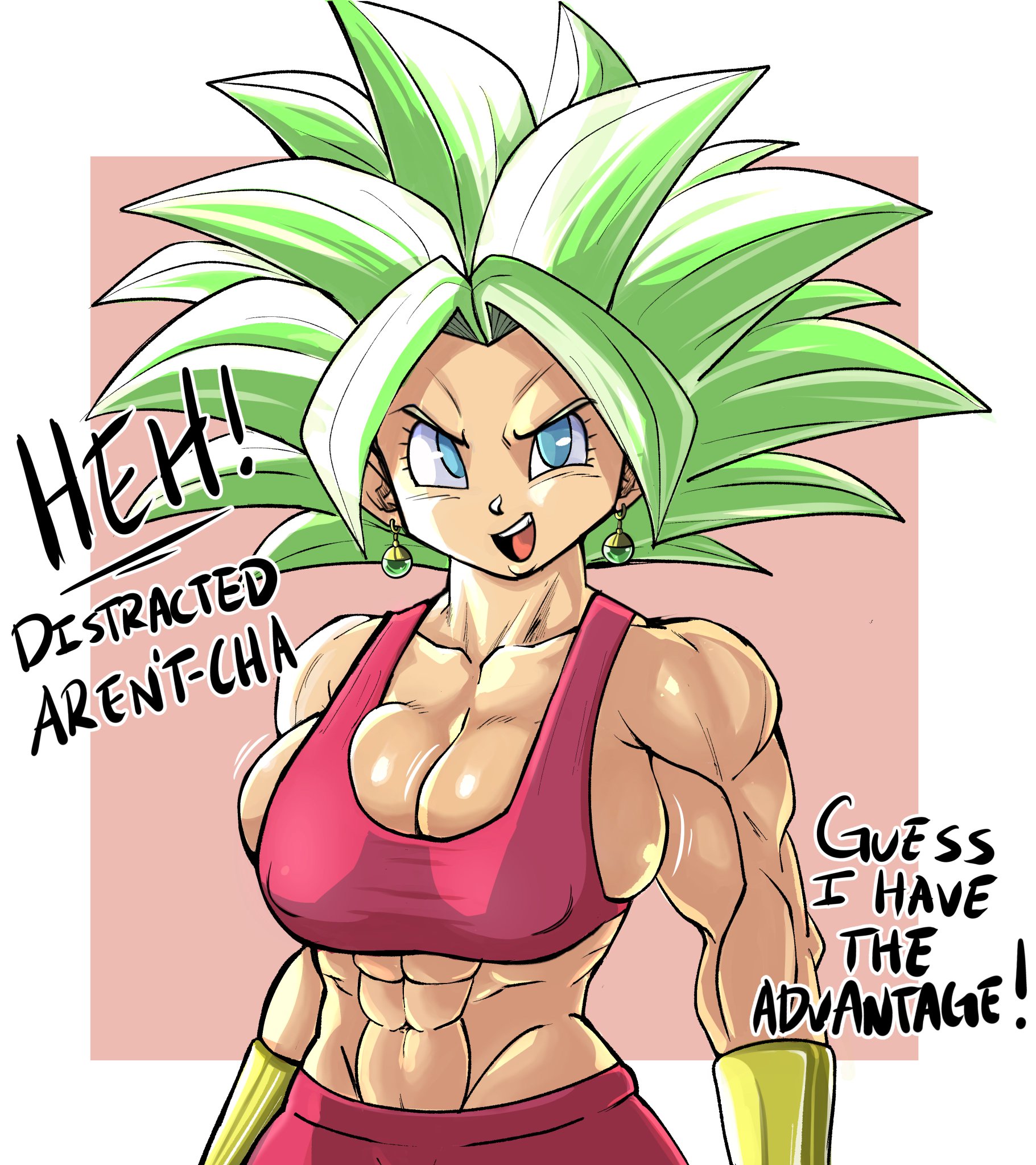 1girls, abs, breasts, cleavage, dialogue, dragon ball, dragon ball super, earrings, female, female saiyan, green hair, huge breasts, kefla, legendary super saiyan, looking at viewer, muscular, muscular female, pseudocel, saiyan, solo, super saiyan, super saiyan 2, text, tight clothing, universe 6 saiyan/universe 7 saiyan, universe 6/universe 7