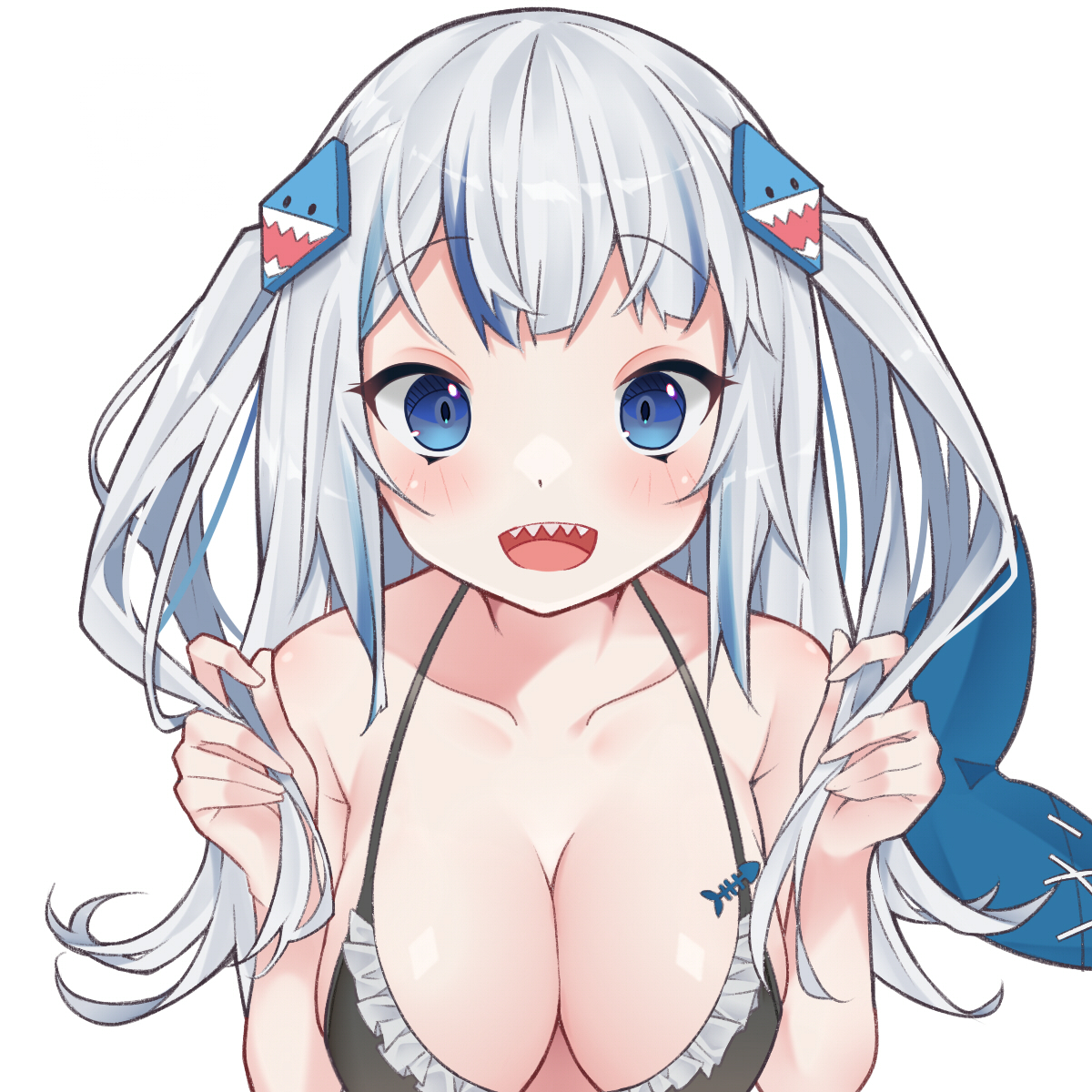 1girls, bikini, blue eyes, breasts, collarbone, female, frilled bikini, gawr gura, hololive, hololive english, hololive myth, smile, streaked hair, tail, twintails, virtual youtuber, white hair, 艾草