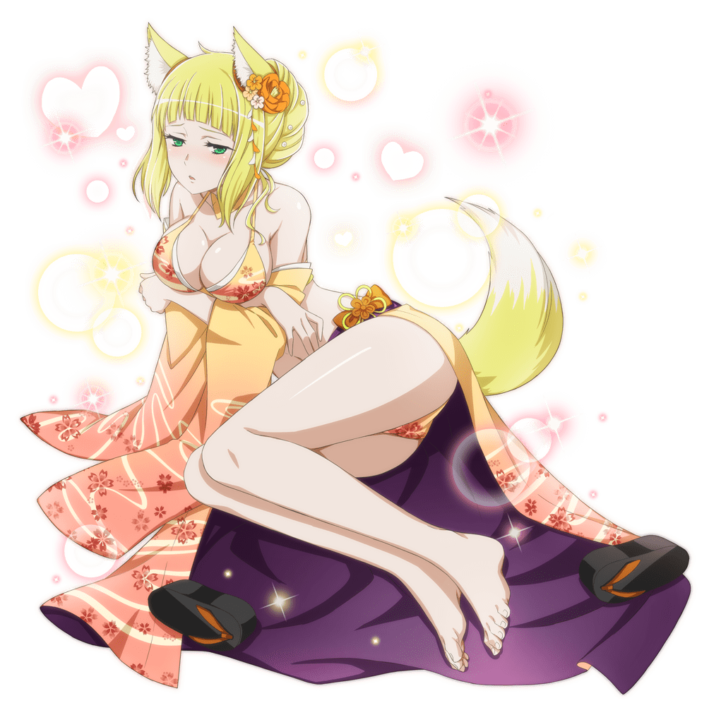 arms_folded big_breasts bikini blonde_hair blush breasts dungeon_ni_deai_wo_motomeru_no_wa_machigatteiru_darou_ka embarrassed feet female female_only flower fox fox_ears fox_girl fox_tail green_eyes hair_bun haruhime hips human large_breasts looking_at_viewer lying lying_down nervous open_mouth raised_tail shy swimsuit tail wide_hips