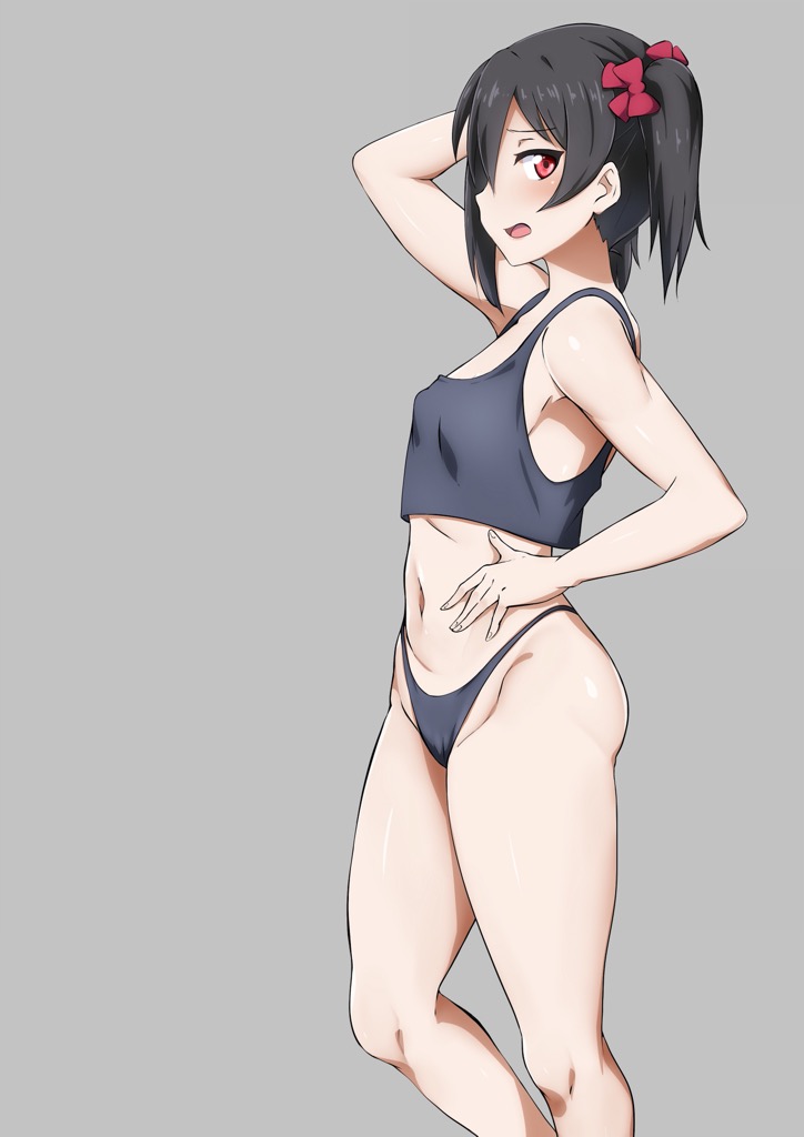 1girls, armpits, arms behind back, ass, belly button, black hair, breast expansion, breast growth, breast growth (enlargement), breasts, crop top, female, female only, looking at viewer, love live!, love live! school idol project, nervous, panties, red eyes, small breasts, thighs, twintails, underwear, uzumi (uzumi yosi), yazawa nico