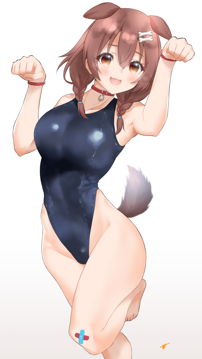 1girls, animal ears, ayaoricarbon, bent leg, bracelet, brown eyes, brown hair, collar, dog ears, dog girl, dog tail, female, female only, hairclip, hazel eyes, hololive, hololive gamers, hololive japan, inugami korone, kemonomimi, looking at viewer, one-piece swimsuit, pose, solo, swimsuit, tail, twintails, virtual youtuber, white background