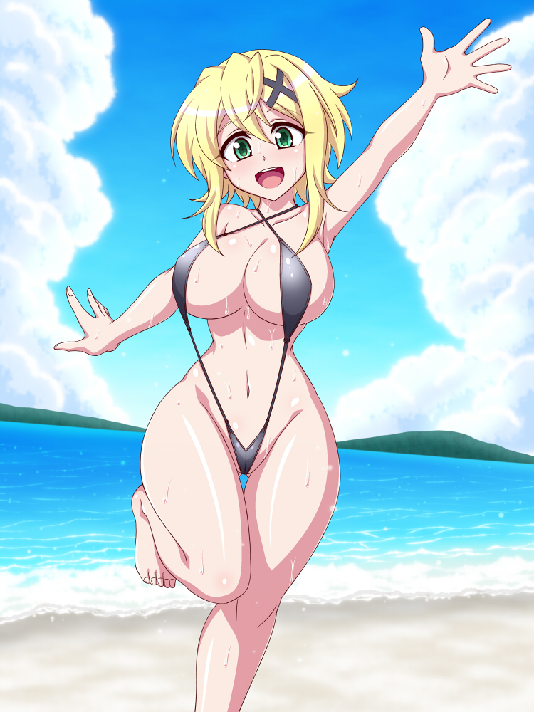 akatsuki kirika, beach, bikini, breasts, female, large breasts, ocean, sand, senki zesshou symphogear, sweat, swimsuit, wet, zetsumu, ztm