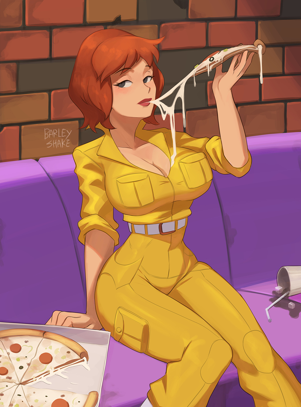 1girls, april o'neil, april o'neil (tmnt 1987), barleyshake, big breasts, bodysuit, breasts, brown hair, cleavage, eating, female, female only, food, looking at viewer, pizza, signature, sitting, solo, solo female, suggestive, tagme, teenage mutant ninja turtles, text, tmnt 1987