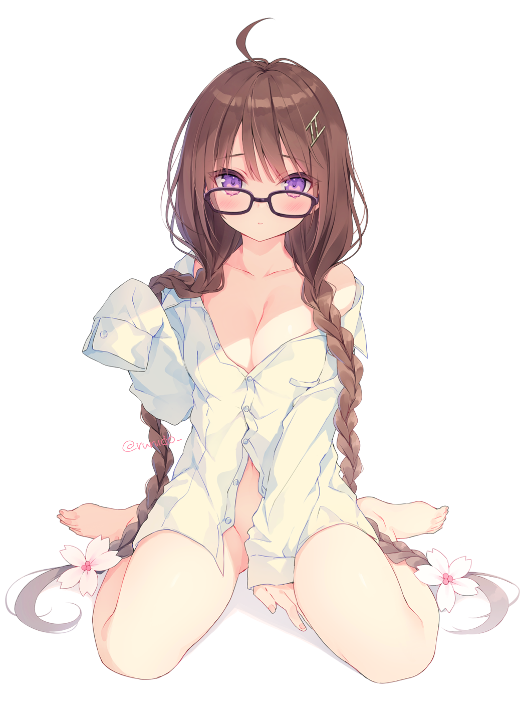 ahoge banned_artist bare_legs bare_shoulders barefoot between_legs black-framed_eyewear blush braid breasts brown_hair buttons cherry_blossoms cleavage closed_mouth collarbone dress_shirt female female_focus flower full_body glasses hair_flower hair_ornament hairclip highres long_hair long_sleeves looking_at_viewer looking_over_eyewear low_twintails medium_breasts naked_shirt navel off_shoulder original partially_unbuttoned purple_eyes rurudo shadow shirt simple_background sitting sleeves_past_fingers sleeves_past_wrists solo thighs twin_braids twintails twitter_username very_long_hair wariza white_background white_flower white_shirt