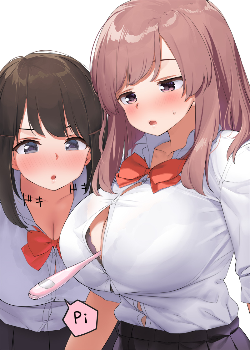 2021 2girls between_breasts black_hair blush bow bowtie bra bra_peek breasts brown_hair button_gap cleavage clothed clothing female female_only hairclip highres huge_breasts kaisen_chuui large_breasts leaning_forward long_hair looking_at_object looking_down multiple_girls object_between_breasts open_mouth original pleated_skirt school_uniform shirt simple_background skirt sound_effects standing sweat thermometer tongue underwear white_background white_shirt