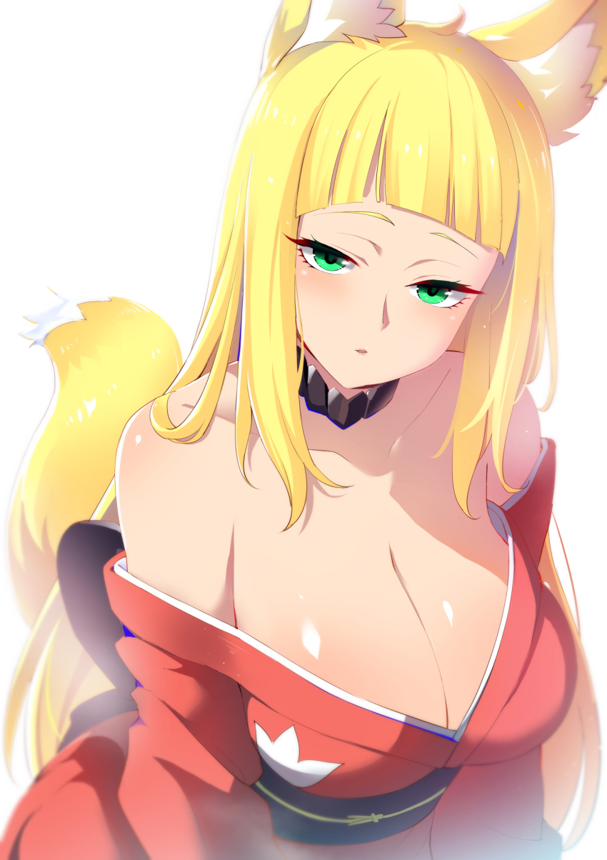 big_breasts blonde_hair breasts clothed clothing dungeon_ni_deai_wo_motomeru_no_wa_machigatteiru_darou_ka female female_only fox fox_ears fox_tail green_eyes haruhime human large_breasts long_hair looking_at_viewer simple_background solo undressing white_background yellow_fur