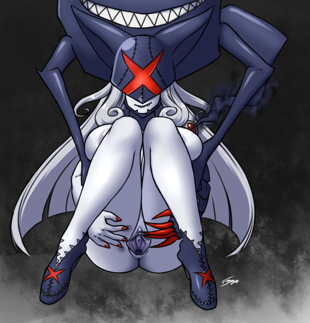 big_breasts breast_squish breasts digimon digimon_(species) female furball_(artist) genitals humanoid knees_pulled_up ladydevimon ladydevimon_x mask pussy solo spread_pussy spreading squish x_antibody