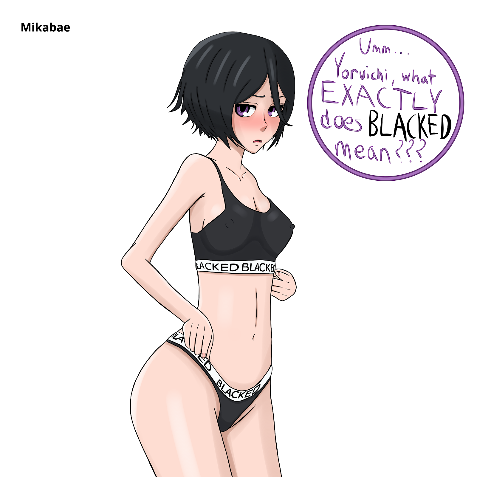 1girls, asian, asian female, black hair, blacked, blacked clothing, bleach, bra, english text, female, female focus, female only, kuchiki rukia, light skin, light-skinned female, mikabae, panties, purple eyes, solo, solo female, text, underwear