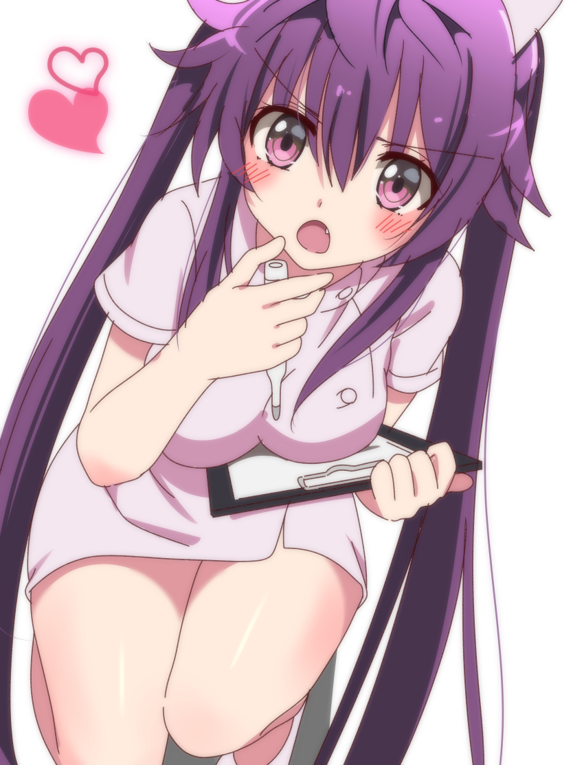 absurdres bangs blush clipboard ebisuzawa_kurumi female gakkou_gurashi! hair_between_eyes heart highres long_hair looking_at_viewer nurse open_mouth purple_eyes purple_hair sinakyo tagme thermometer twintails v-shaped_eyebrows