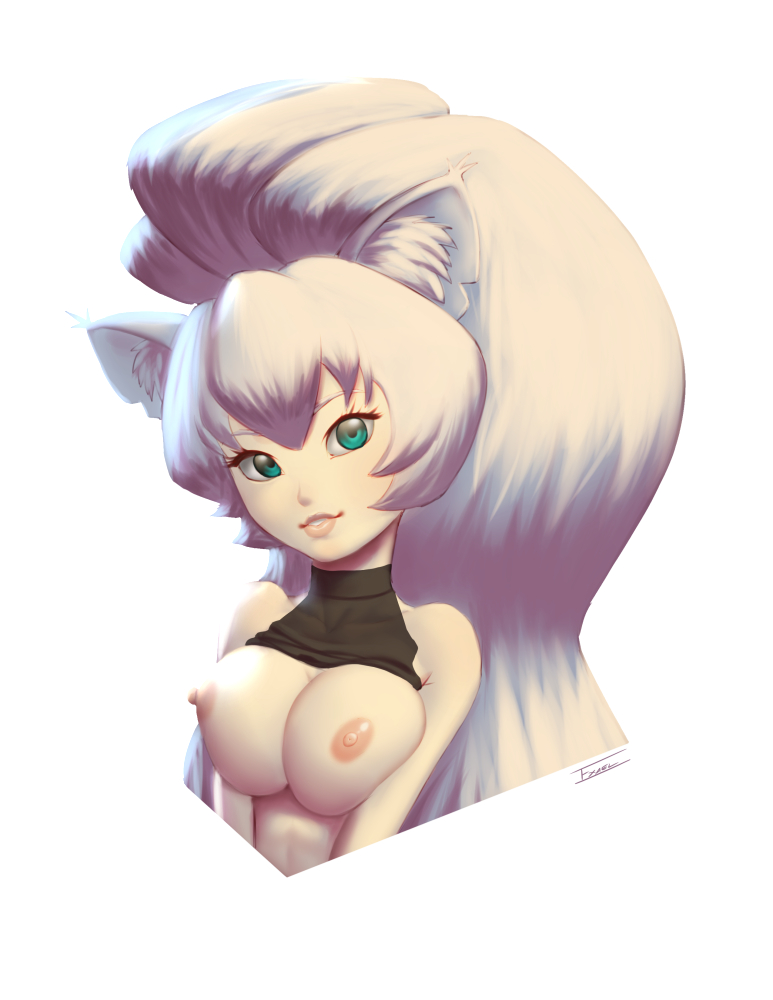 animal_ears big_breasts blue_eyes breast_squeeze breasts cat_ears catgirl erect_nipples exael nyari original ponytail shirt shirt_lift tagme white_hair