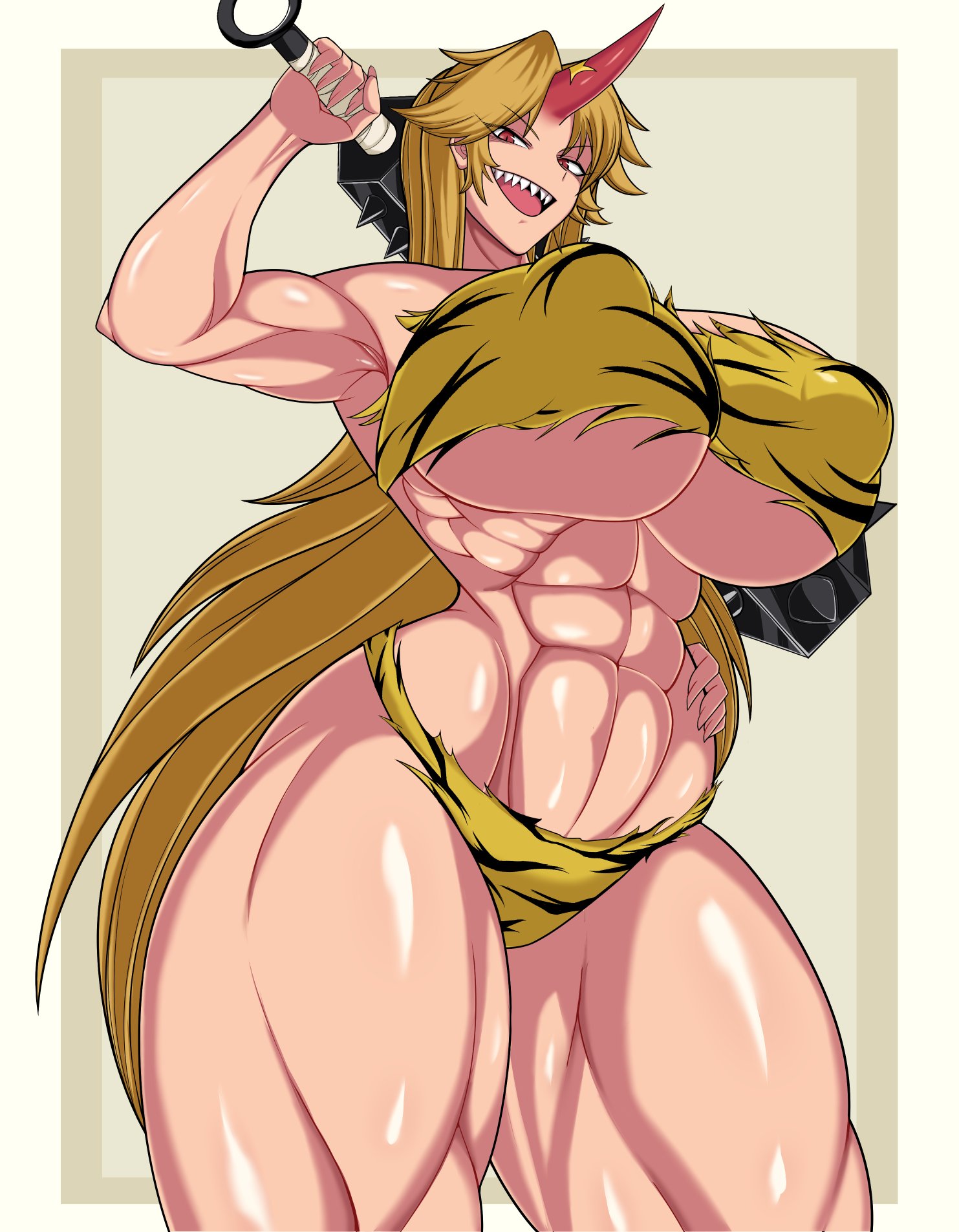 1girls, abs, blonde hair, breasts, erect nipples, female, horn, hoshiguma yuugi, hyperomizu, muscular, muscular female, muscular thighs, nipples, oni, sharp teeth, tagme, touhou, underboob
