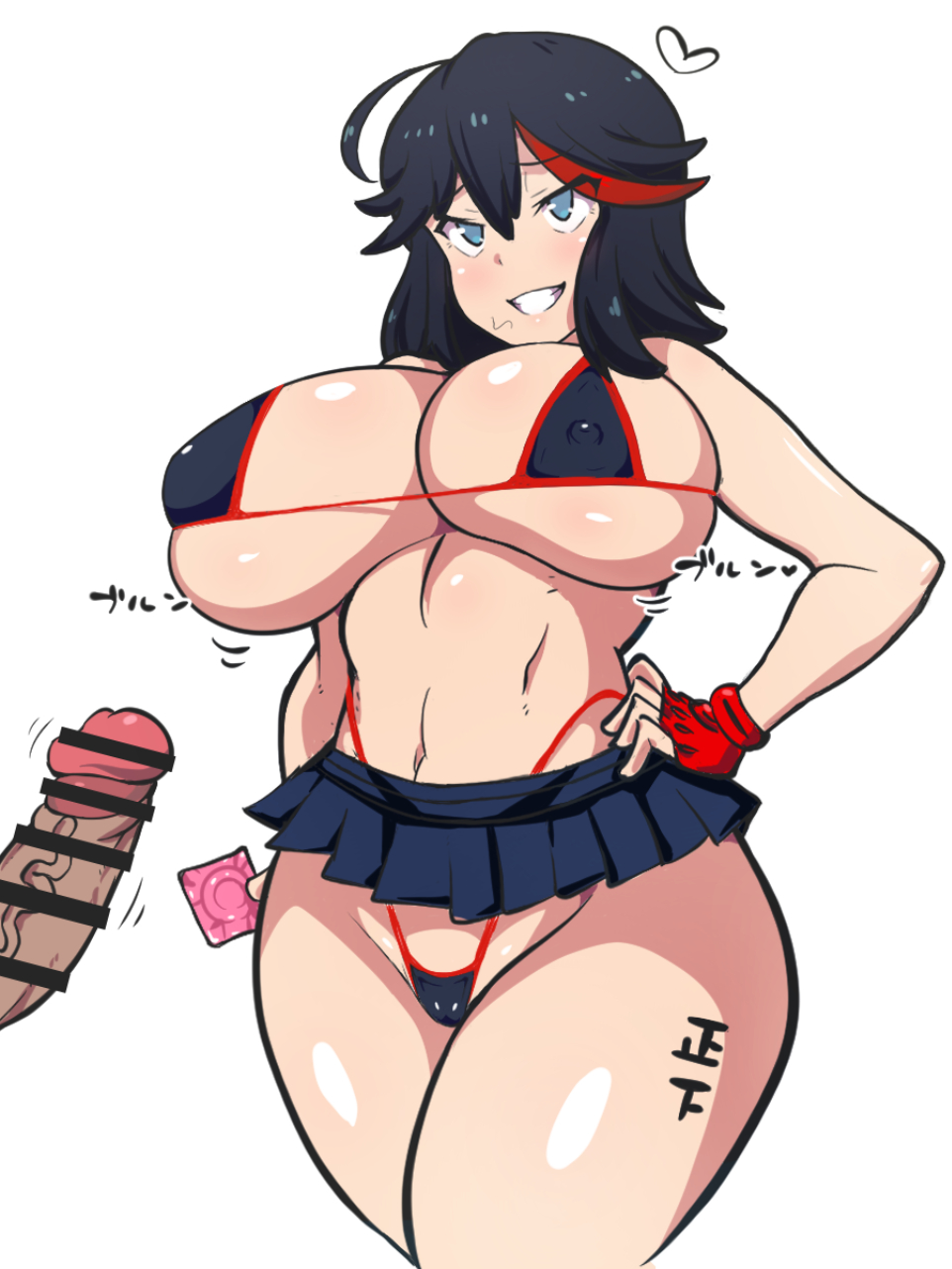 1boy, 1girls, abs, breasts, censored, condom, dark-skinned male, dd (artist), favorite, female, huge breasts, japanese tally marks, kill la kill, male, matoi ryuuko, micro bikini, microskirt, miniskirt, penis, senketsu, skirt, stray pubic hair, tagme, tally marks, two-tone hair