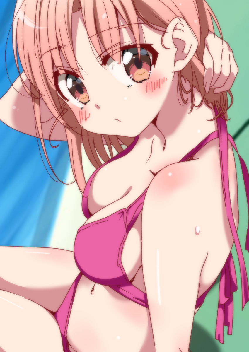 bikini blush breasts closed_mouth female gakkou_gurashi! holding holding_hair looking_at_viewer medium_breasts pink_eyes pink_hair pool purple_bikini short_hair sitting solo swimsuit takeya_yuki