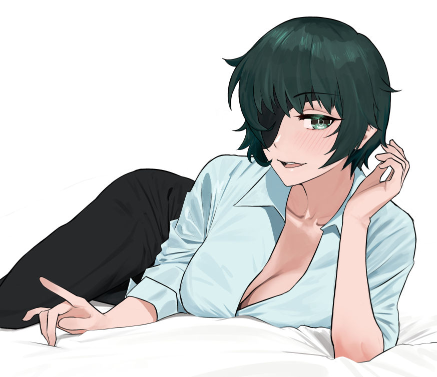 1girls black_eyes black_hair blush blush blush_lines breasts breasts chainsaw_man cleavage clothed collarbone female female_focus female_only fingers fully_clothed gyunzai high_resolution highres himeno_(chainsaw_man) large_breasts laying_down laying_on_bed laying_on_side light_skin lips looking_at_viewer open_mouth short_hair shoulders simple_background slender_body slender_waist slim_girl slim_waist smile smiling smiling_at_viewer solo thin_waist unbuttoned unbuttoned_shirt upper_body white_background white_collared_shirt white_shirt