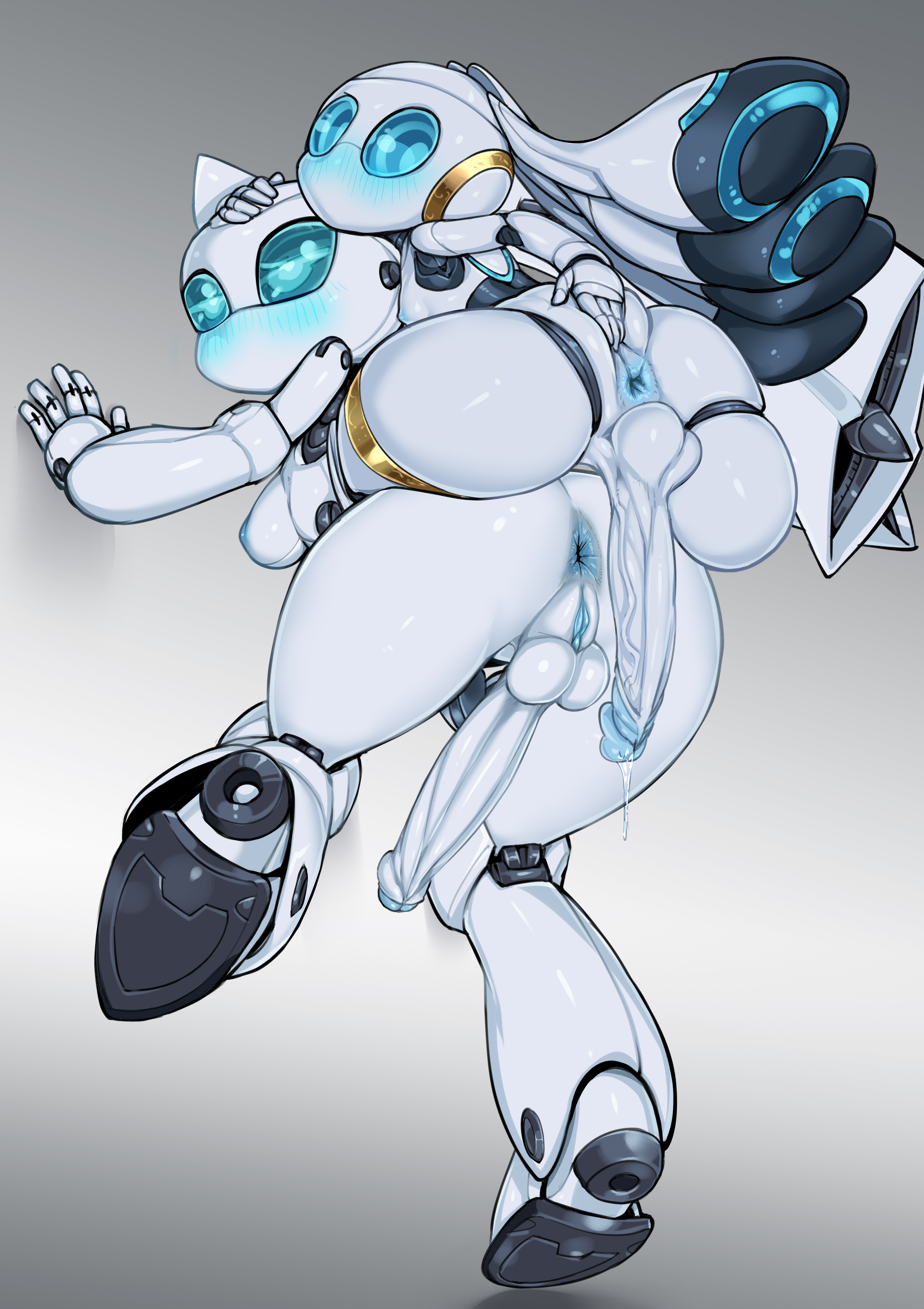 2futas, absurdres, android, anus, ass, ass grab, balls, blue eyes, blue glans, blue nipples, blue pussy, blue sclera, blush, breasts, disney, drossel von flugel, erection, female, fireball (series), foreskin, full body, full-package futa, futa on futa, futa only, futa sans pussy, futanari, glans, gradient, gradient background, half-closed eyes, high resolution, highres, humanoid, humanoid penis, hybrid, intersex, light skin, light-skinned female, long penis, looking at another, looking at viewer, looking away, looking back, nipples, no mouth, no nose, pale skin, pale-skinned female, penis, pochincoff, precum, pussy, pussy juice, robot, robot futa, robot girl, selfcest, sideboob, spread anus, testicles, uncensored, uncircumcised, veiny penis, white background, white body, white breasts, white penis