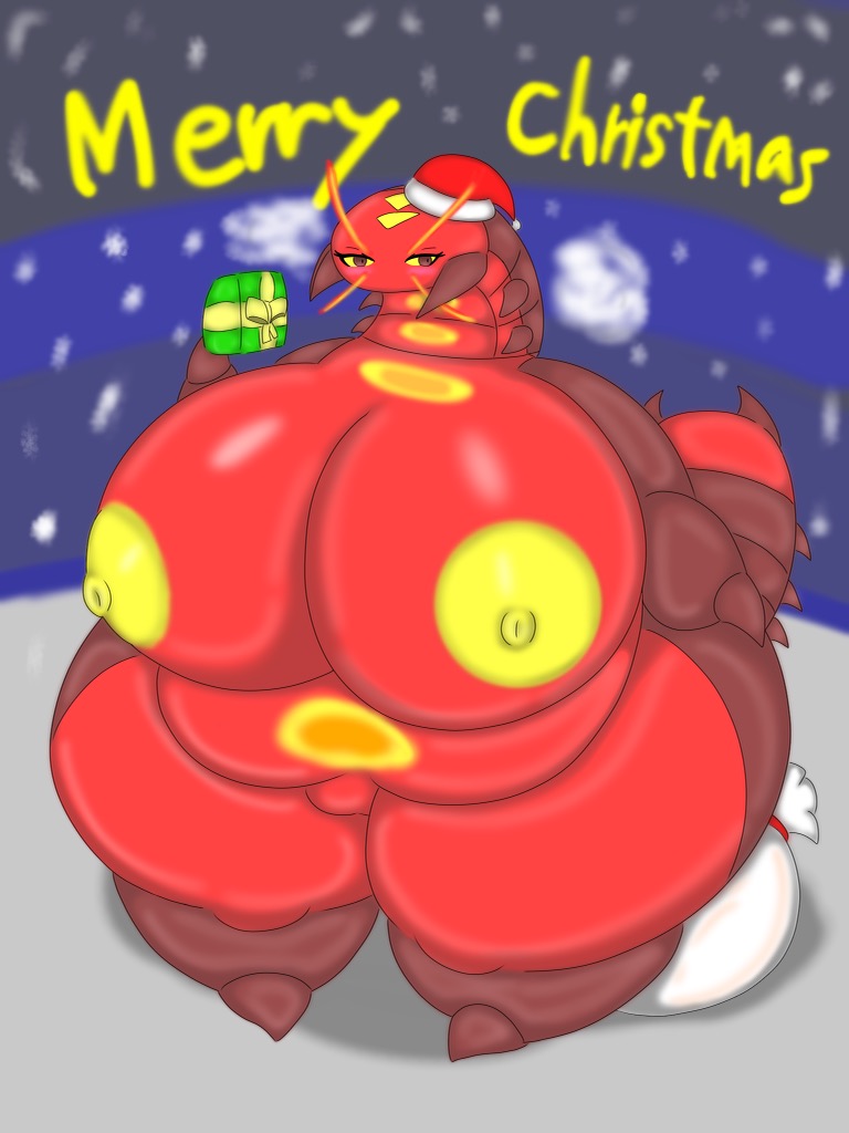 arthropod ass big_ass big_belly blush centipede centiskorch christmas digital_media_(artwork) gift holding_object huge_breasts long_body looking_at_viewer nipples obese obese_female pokémon_(species) pokemon purdcon0v0 pussy thick_thighs thunder_thighs wide_hips