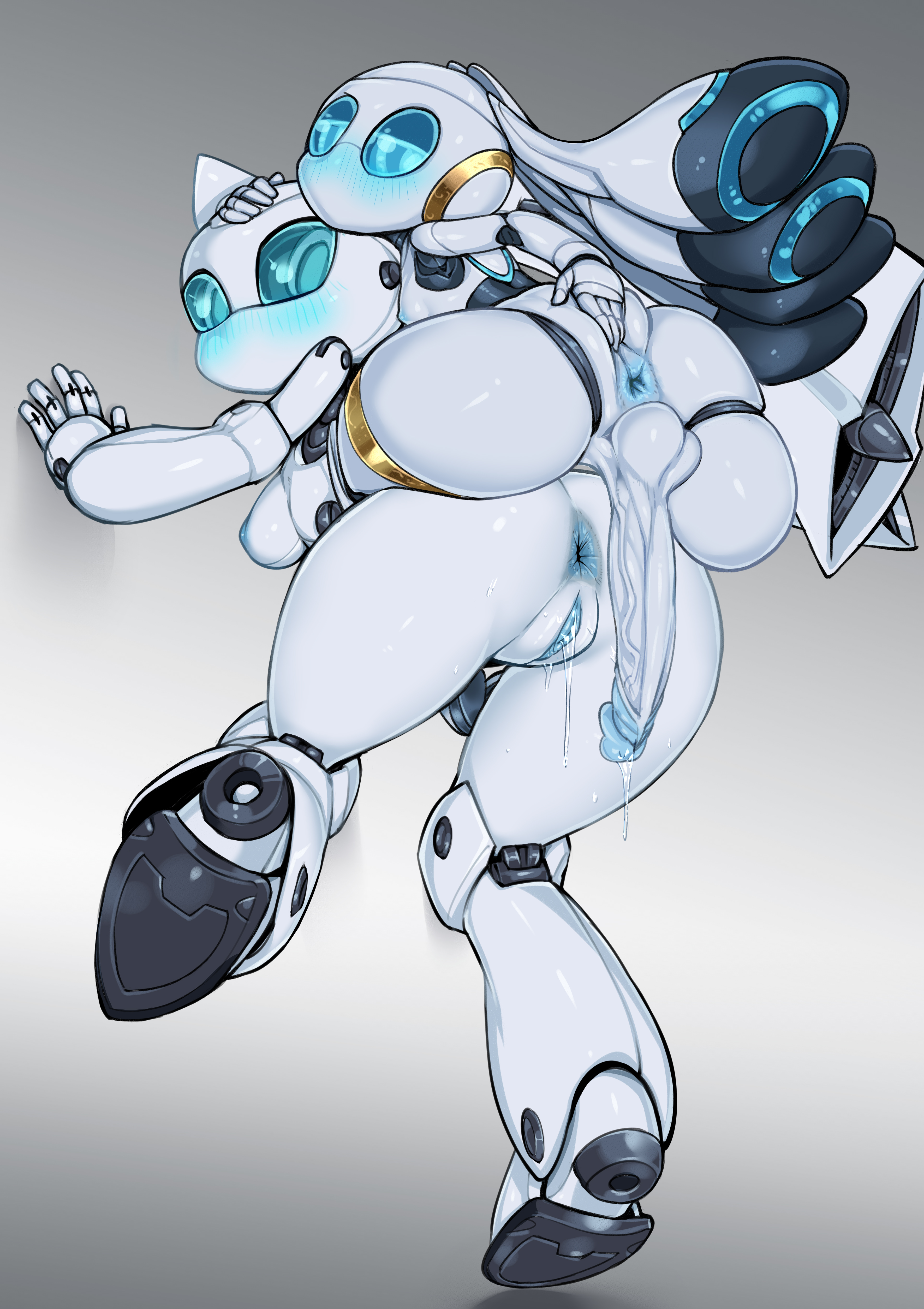 1futa, 1girls, absurdres, android, anus, ass, ass grab, balls, blue eyes, blue glans, blue nipples, blue pussy, blue sclera, blush, breasts, disney, drossel von flugel, erection, female, fireball (series), full body, futa on female, futa sans pussy, futanari, glans, gradient, gradient background, high resolution, highres, hybrid, intersex, light skin, light-skinned female, looking at another, looking at viewer, looking back, nipples, no mouth, no nose, pale skin, pale-skinned female, penis, pochincoff, precum, pussy, pussy juice, robot, robot futa, robot girl, selfcest, sideboob, spread anus, testicles, uncensored, veiny penis, white background, white breasts, white penis