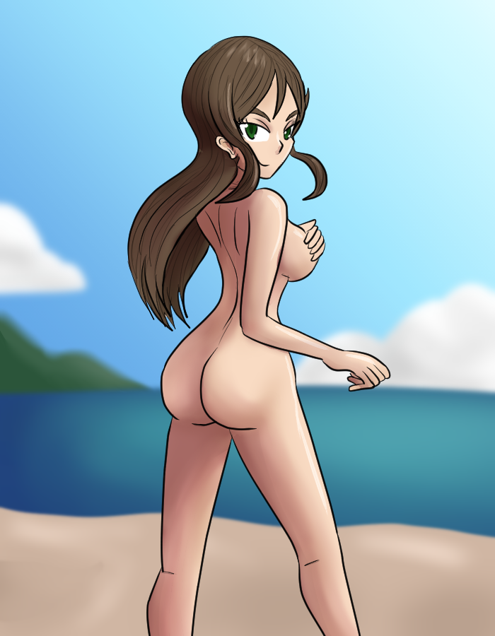 1girls ass beach brown_hair clever_censor covered_nipples female female_only green_eyes harmony_oc long_hair looking_at_viewer looking_back mythkaz naked nude oc ocean original original_character outdoors outside public_nudity sand sideboob solo water white_skin