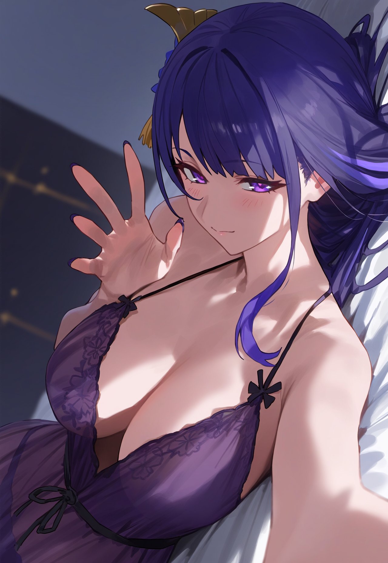 1girls, blue hair, breasts, female, female only, genshin impact, hair ornament, large breasts, light skin, looking at viewer, negligee, nightgown, painted nails, pale skin, purple eyes, raiden shogun, see-through, solo