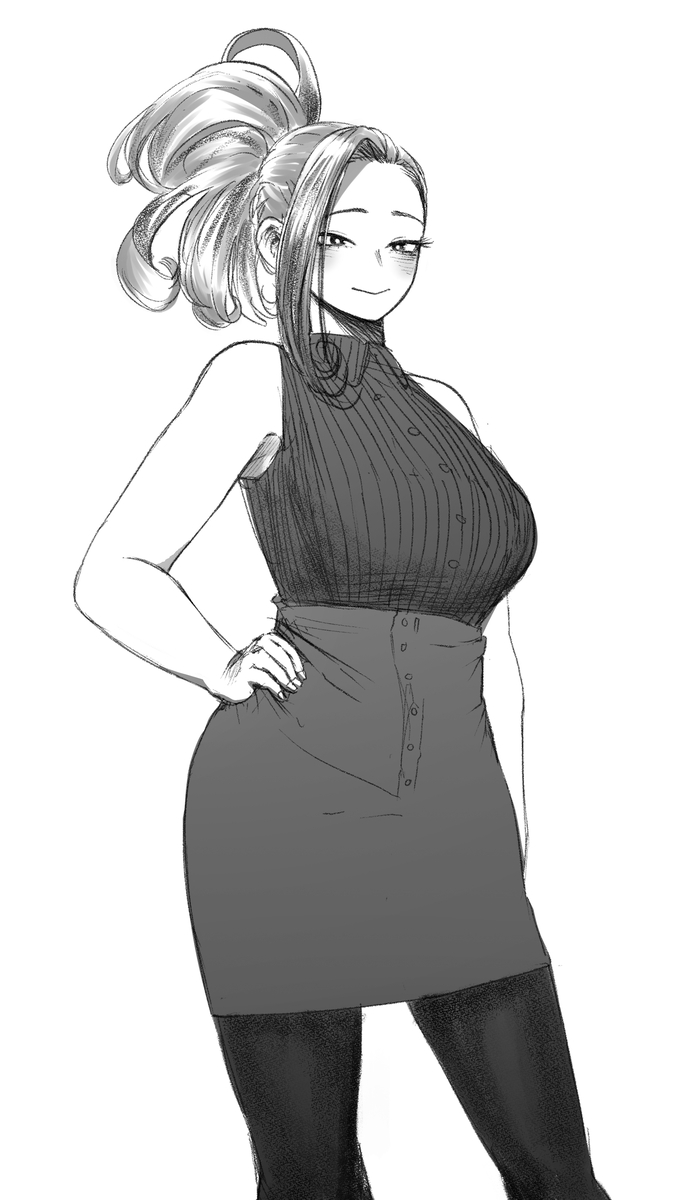 amano44, big breasts, blush, breasts, female, female focus, female only, hand on hip, leggings, long hair, looking at viewer, momo yaoyorozu, my hero academia, ponytail, skirt, sleeveless, sleeveless shirt, white background