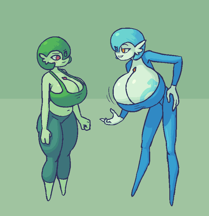 2girls big_breasts blue_suit blushing bo_the_sno breasts cleavage female gardevoir green_body huge_breasts male_symbol multiple_girls orange_eyes pokémon_(species) pokemon pokemon_(species) red_eyes sensual_smile shiny_pokemon smirk tagme thick_thighs wide_hips