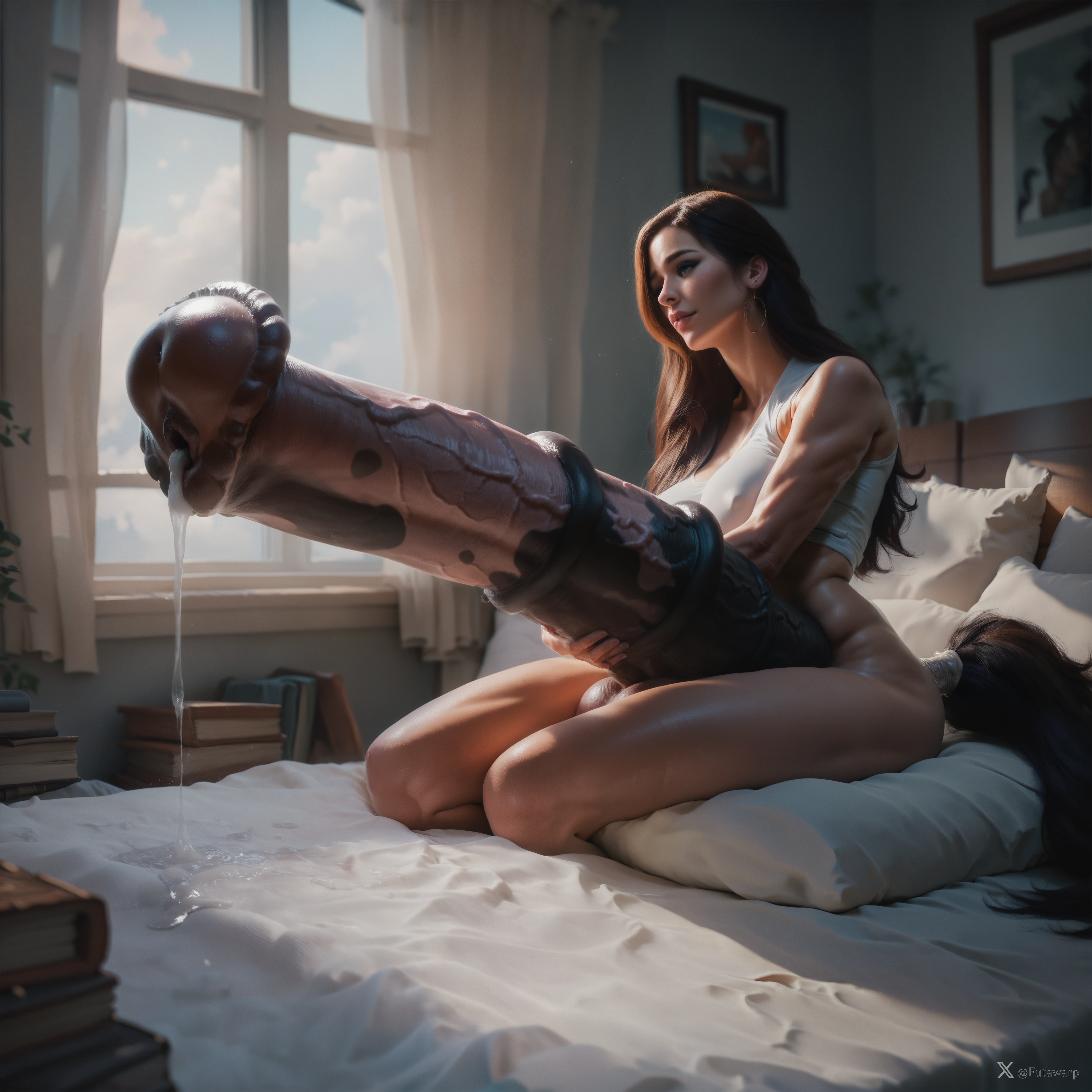 ai generated, balls, bed, brown hair, female, futanari, futawarp, horse girl, horse tail, horsecock, horsecock futa, human with animal genitalia, human with horsecock, hyper, hyper penis, intersex, large balls, large penis, penis, precum, precum drip, sitting