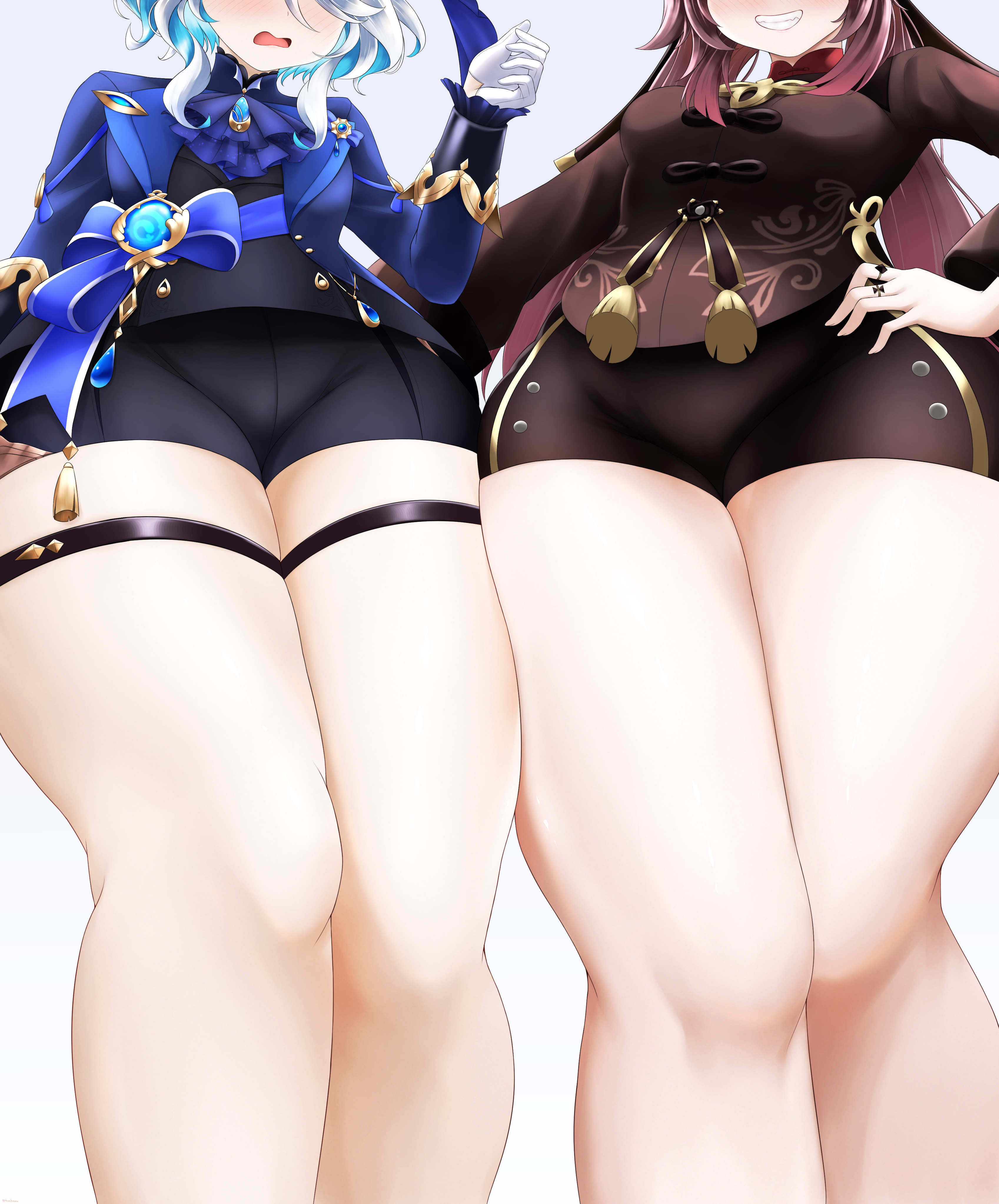 2girls, bare legs, bare thighs, blush, close-up, female, female only, furina (genshin impact), genshin impact, hu tao (genshin impact), low-angle view, mihoyo, princess, shorts, smile, smile at viewer, standing, tagme, thick thighs, thighs