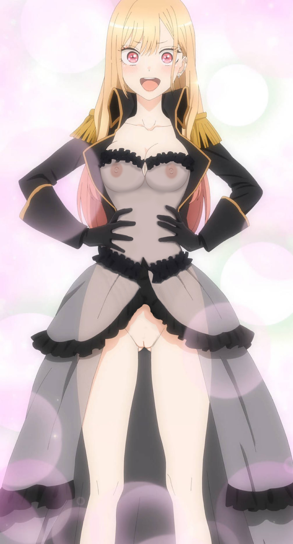 1girls, black gloves, blonde hair, breasts, cosplay, female, female only, gloves, gyaru, human, kitagawa marin, large breasts, long hair, nekom14, nipples, no bra, no panties, nude filter, pussy, red eyes, solo, sono bisque doll wa koi wo suru