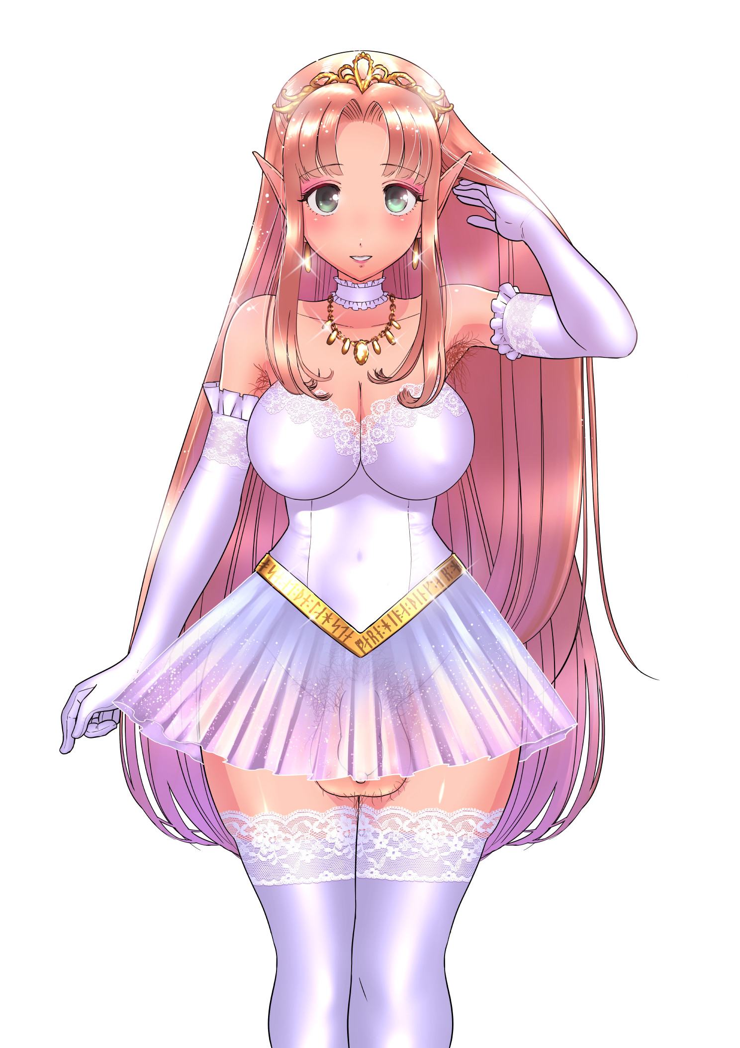 1futa, armpit hair, balls, balls under clothes, bare shoulders, bottomless, bottomless skirt, breasts, brown hair, cleavage, clothed, clothing, dress, elbow gloves, elf, flaccid, foreskin, futa only, futanari, gloves, huge balls, intersex, large breasts, large penis, lingerie, liza (artist), long hair, looking at viewer, mostly clothed, penis, penis out, penis under clothes, penis under skirt, pubic hair, purple hair, skirt, solo, source request, standing, tan, thighhighs, two-tone hair, uncircumcised, uncut, white background, wide hips