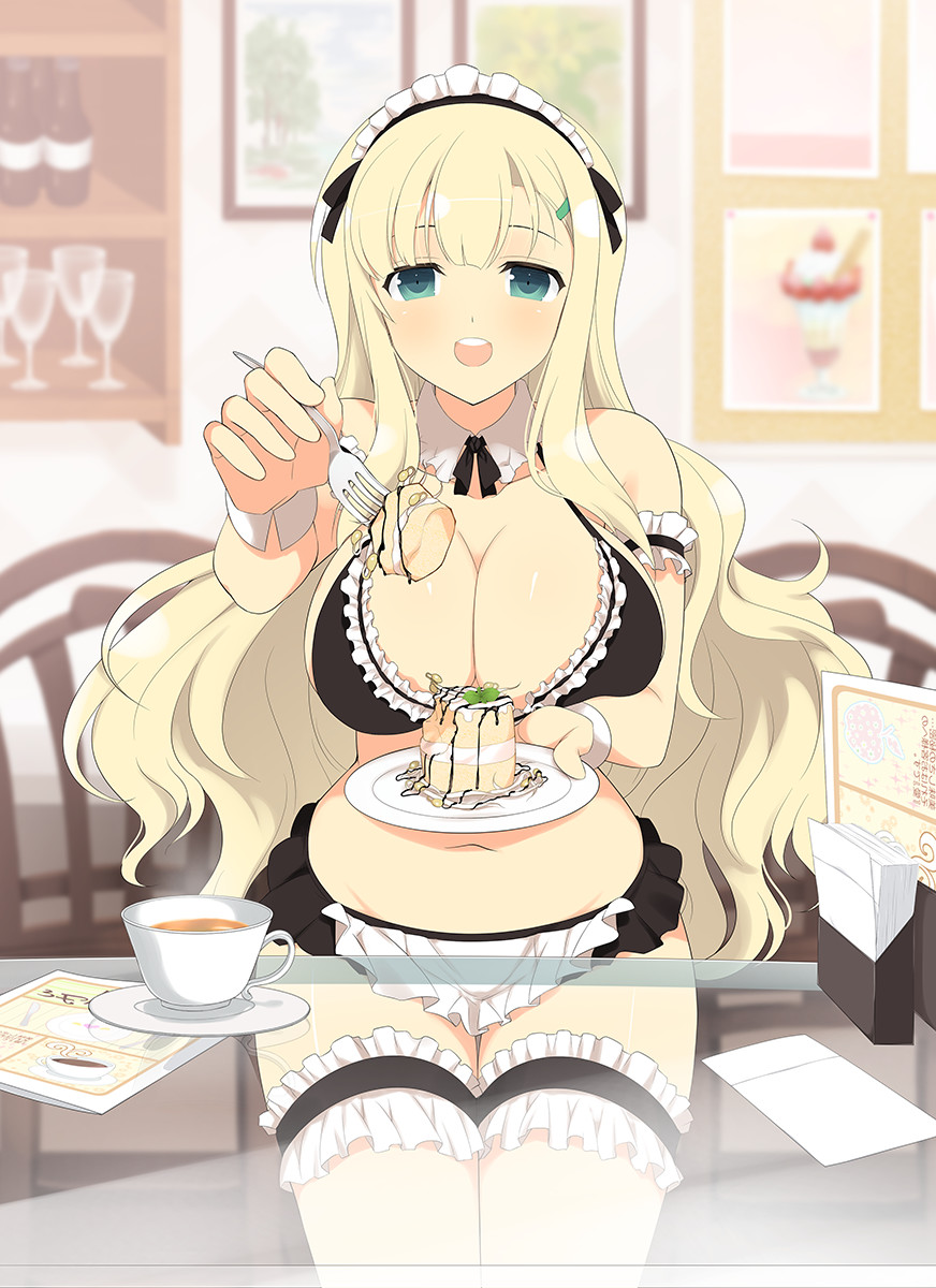 aqua_eyes bean_sprout beans bikini blonde_hair bottle breasts cake cleavage cup drink female food fork hair_ornament hairclip large_breasts long_hair looking_at_viewer maid_bikini maid_headdress marvelous midriff navel official_art open_mouth senran_kagura skirt solo sprout swimsuit tea tea_cup wine_glass yaegashi_nan yomi_(senran_kagura)