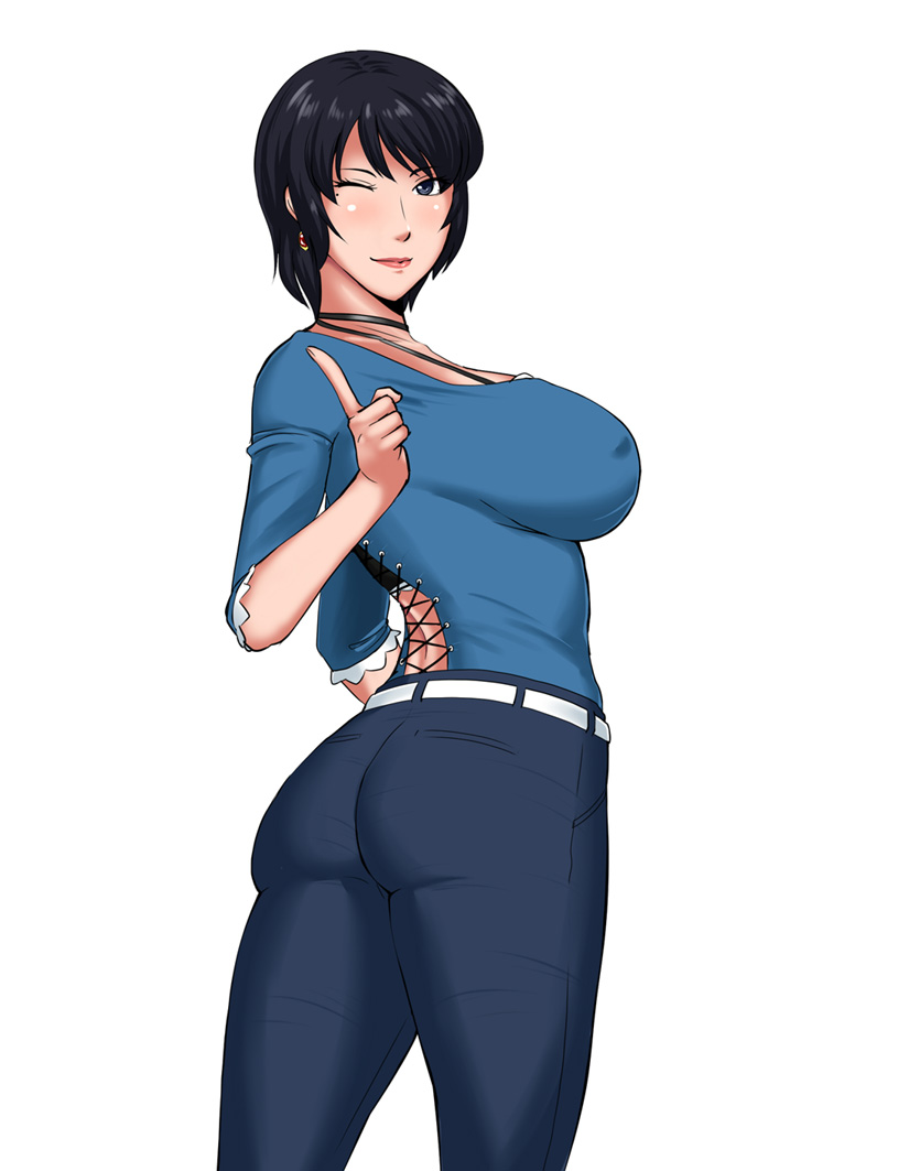 ass black_hair blue_eyes breasts commentary_request covered_nipples denim fatal_frame fatal_frame_3 female jeans kurosawa_rei large_breasts lips lipstick looking_at_viewer makeup ml mole mole_under_eye one_eye_closed pants short_hair smile solo thighs tight_clothes tight_pants