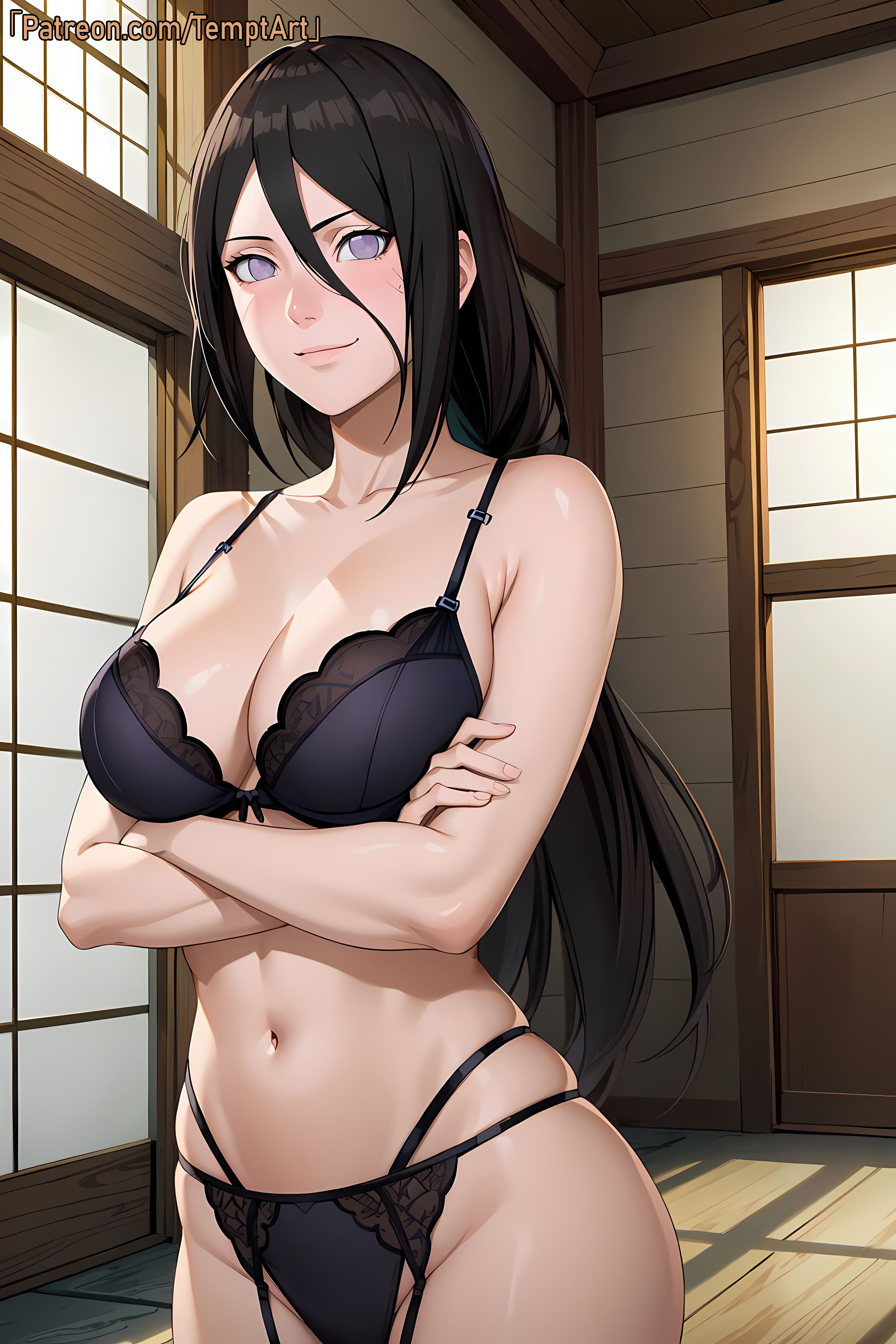 1girls, ai generated, arms crossed under breasts, arms under breasts, bare chest, bare midriff, bare shoulders, big breasts, boruto: naruto next generations, bra, breasts, brown hair, cleavage, collarbone, crossed arms, female, female only, huge breasts, hyuuga hanabi, light skin, light-skinned female, lingerie, lingerie bra, lingerie panties, looking at viewer, midriff, naruto, naruto (series), naughty, naughty face, naughty smile, oppai, panties, patreon username, sagging breasts, smile, solo, solo focus, stable diffusion, temptart, underwear, underwear only, upper body, url, very long hair, violet eyes, watermark, web address