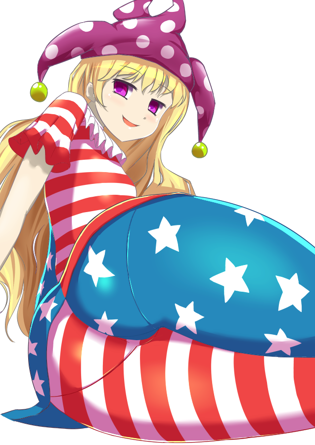 american_flag anime_style big_butt blonde_hair blush butt clown clownpiece hifumiyo huge_butt jester_cap large_butt long_hair smile smug striped_clothing touhou