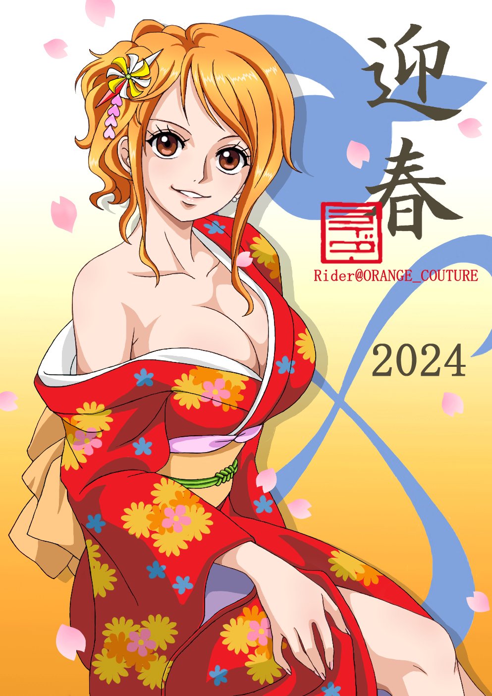 1girls cleavage cleavage_cutout female female_focus female_only kimono nami nami_(one_piece) onami one_piece orange_hair post-timeskip raida_(j5einmnjp3r49k6) shoulders wano_country