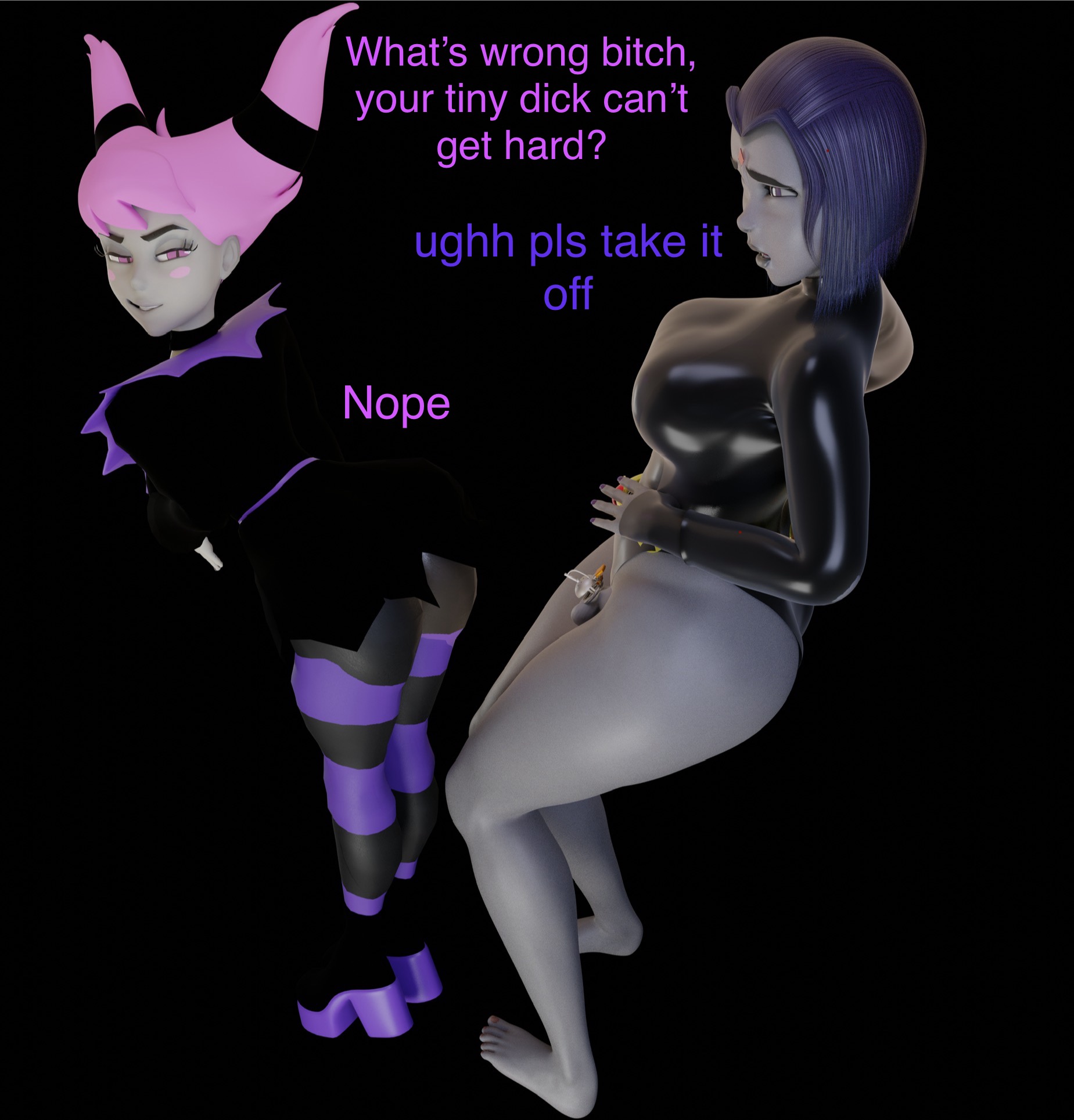 1futa, 1girls, 3d, ahe gao, ass, big ass, big breasts, blender, bondage, breasts, chastity cage, chastity device, cuckquean, dc, dc comics, domination, dominatrix, female, female on futa, forced, futanari, futasub, heperson, intersex, jinx (dc), leotard, minidress, miniskirt, penis, rachel roth, raven (dc), small penis, small penis futa, small penis humiliation, teasing, teen titans, thick, thick ass, thick thighs, tights
