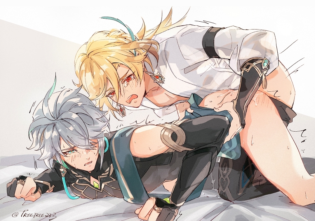 2boys, alhaitham (genshin impact), blonde hair, doggy style, gay, gay sex, genshin impact, kaveh (genshin impact), male, male only, male penetrated, male penetrating, male/male, red eyes, yaoi